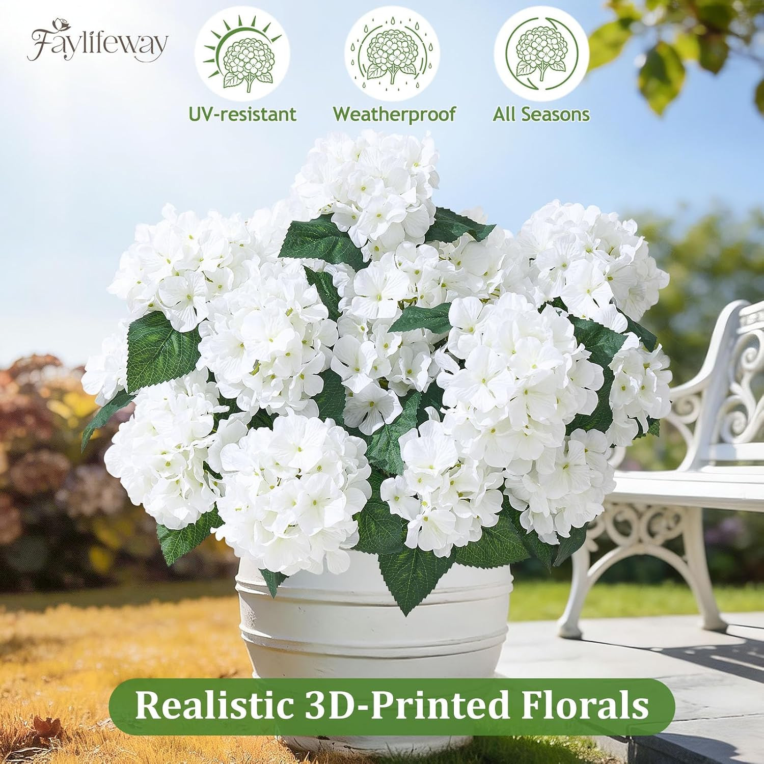UV Resistant Faux Hydrangea Flowers – 12 Heads for Outdoor Decor (White)