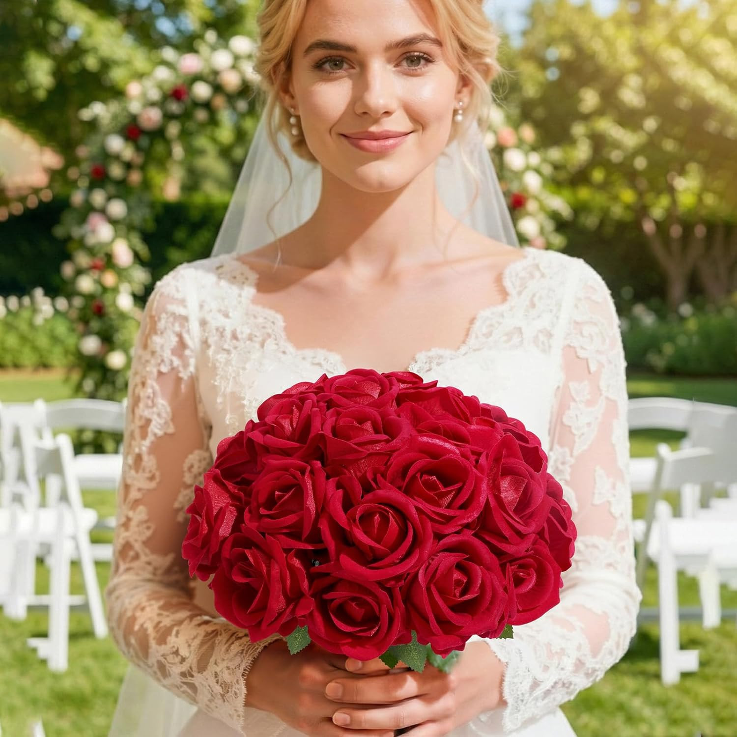 Classic Red Artificial Roses Flowers, Faux Long Stem Silk Roses Bulky for DIY…