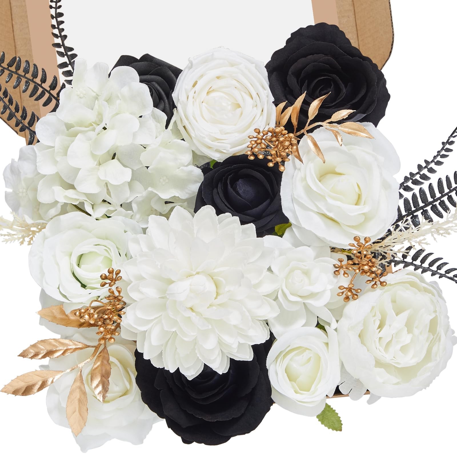 Black, White Roses Artificial Flowers, Silk DIY Bridal Bouquet Table Centerpiece