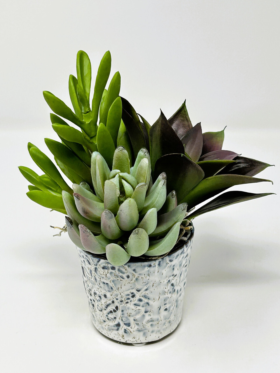 Mini 6″ Artificial Purple & Green mixed Succulent Garden #13, Blue Stone Ceramic