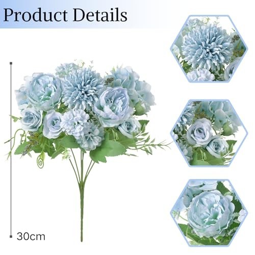 Artificial Flowers, 2Pcs Blue Fake Peony Silk Peonies Faux Flowers Arrangemen…