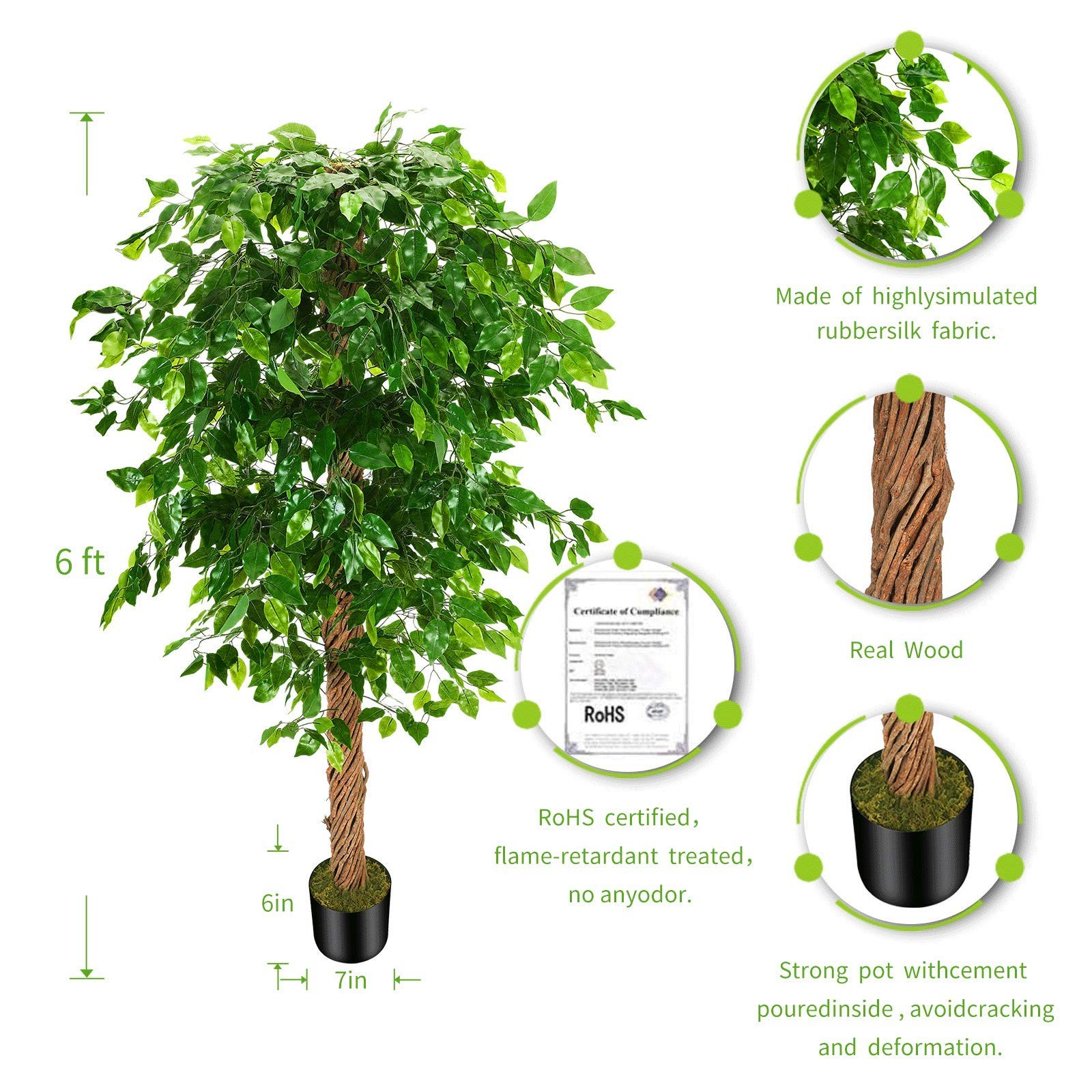 6ft Artificial Ficus Silk Tree (72in) with Plastic Nursery Pot Faux Tree, Fak…