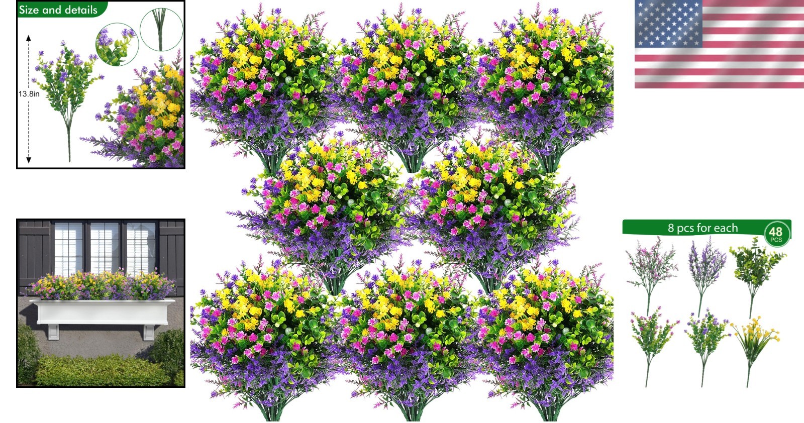 Fuchsia Purple Yellow Green Faux Plants 48 Pcs