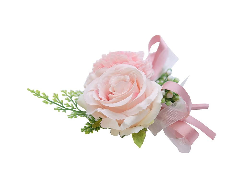 2 Pack Pink Flower Wrist Corsage Boutonniere Set,3″ Artificial Rose Carnation…