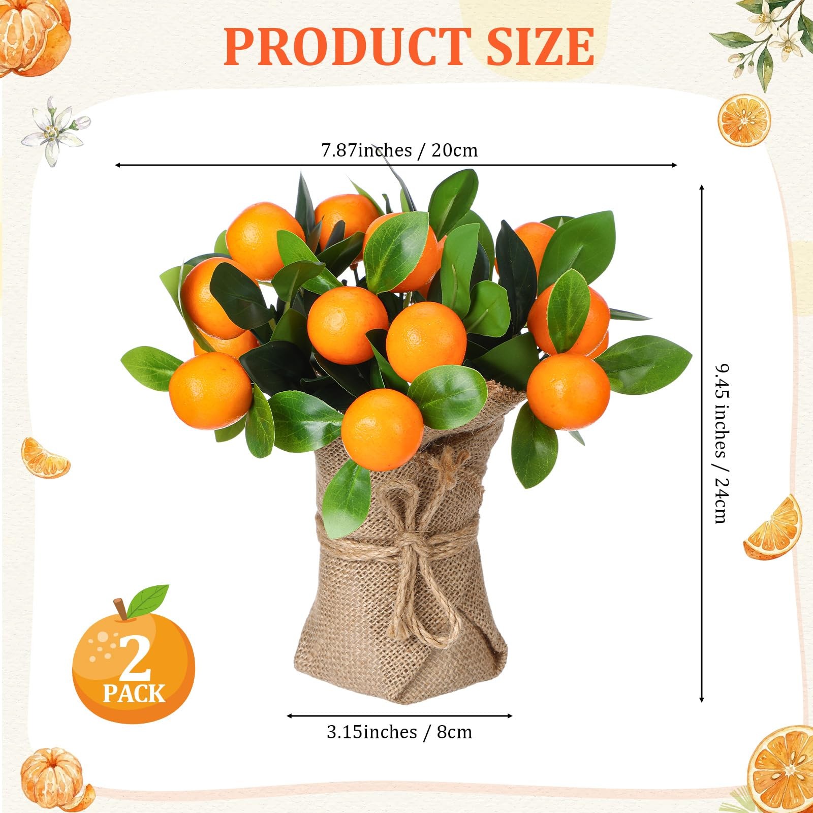 2 PK Artificial Orange Potted Plants 9.45 Inch Fake Tree Realistic Fruit Pot