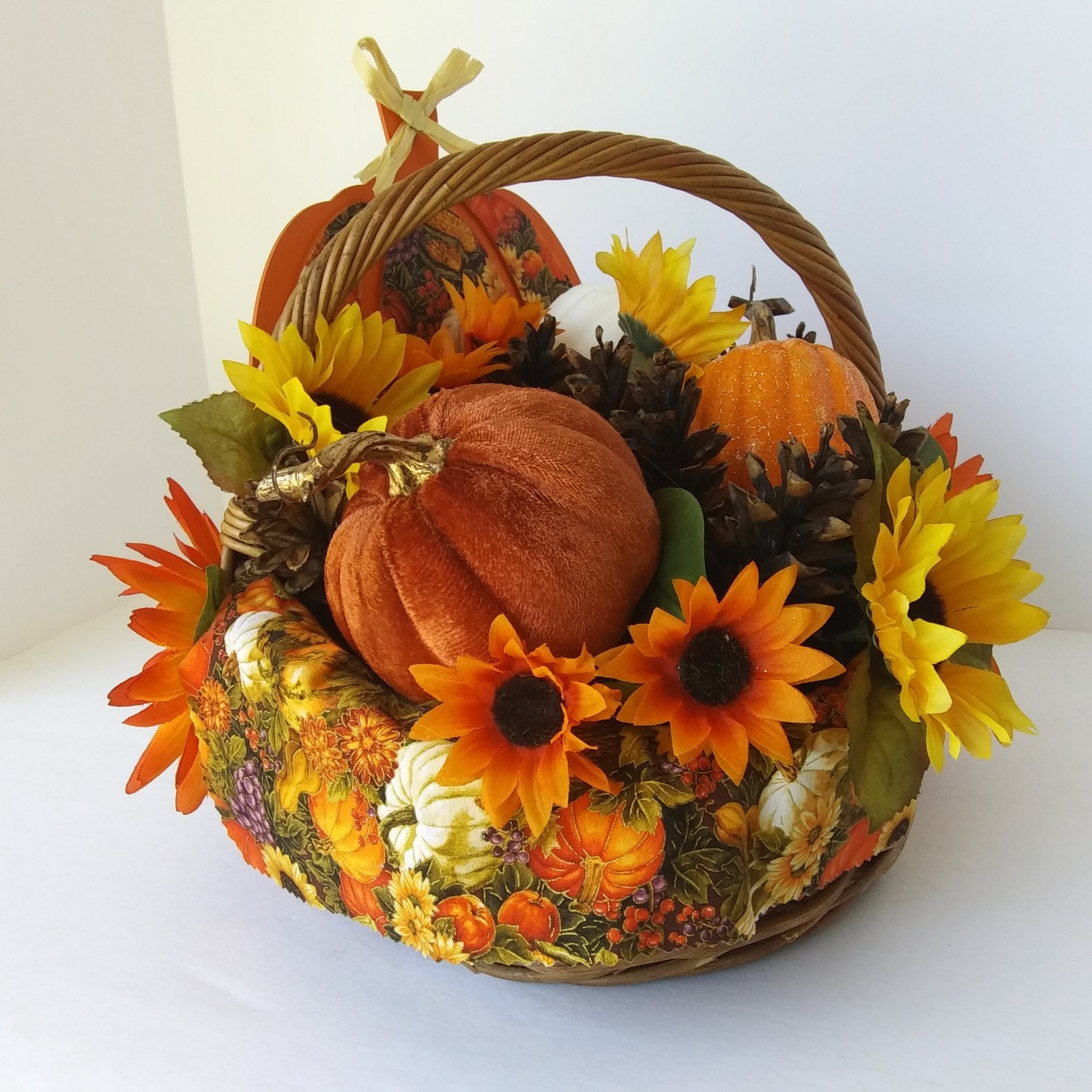 Fall Harvest Basket Centerpiece Sunflowers Pumpkins Pinecones Autumn Décor