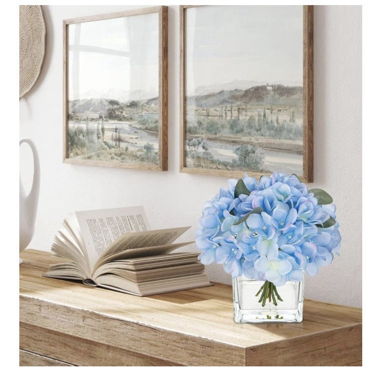 Artificial Silk Hydrangea In Vase With Faux Water In Cube Vase