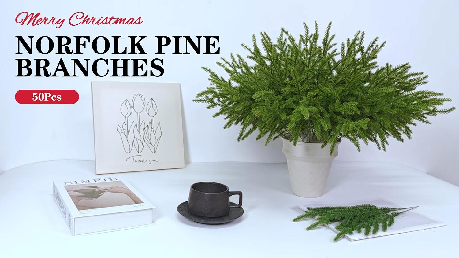 50 Pcs Artificial Norfolk Pine Stems, Real Touch Faux Greenery Picks for DIY Wre