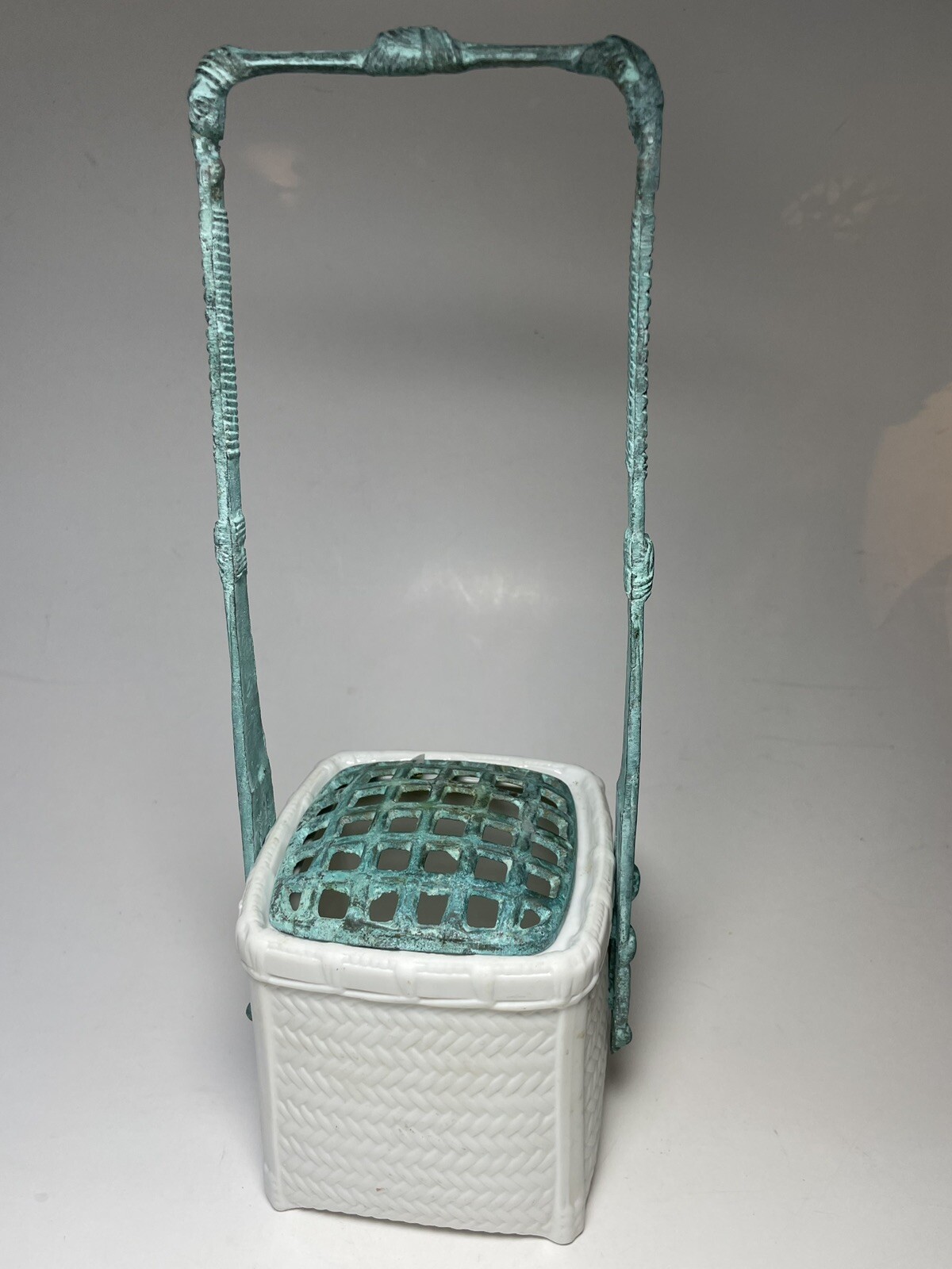 Department 56 Flower Arranger Basket Ceramic with Metal Handle Verdigris 11.5”
