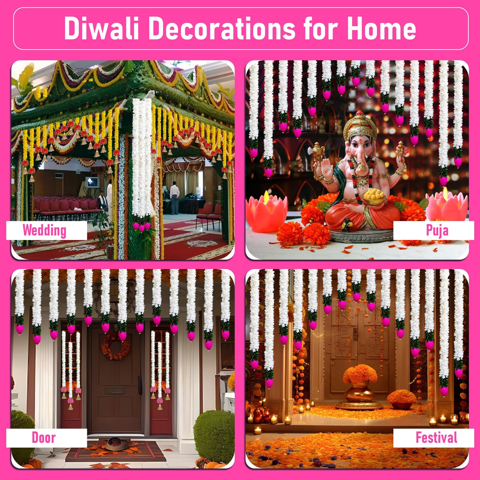 Diwali Decorations for Home – 5 Pc Artificial Lotus Flower Garland, Fabric Fl…