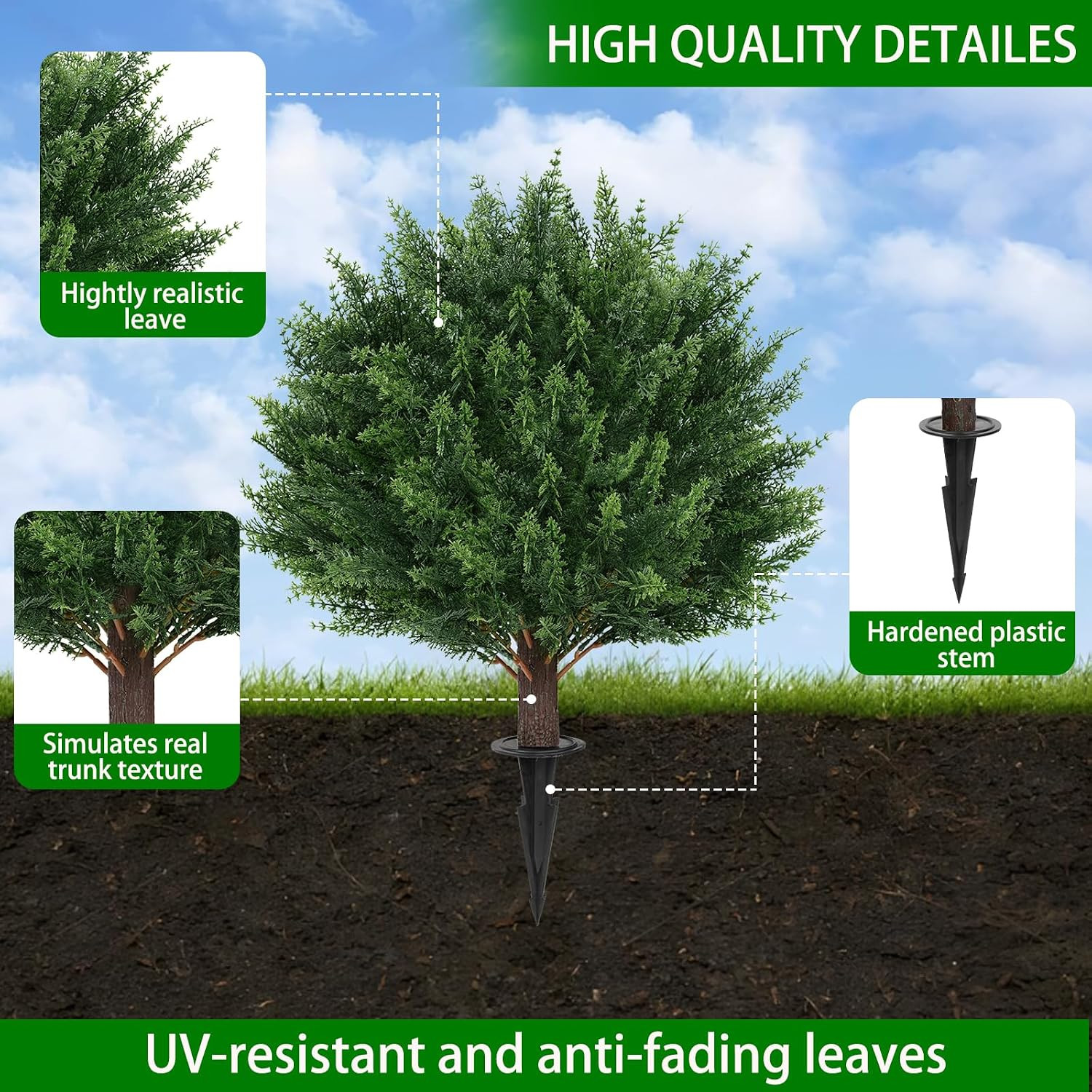 Yangrass Artificial Set of 4 Cedar Topiary Trees with Ground Spike, 4 Pack Artif