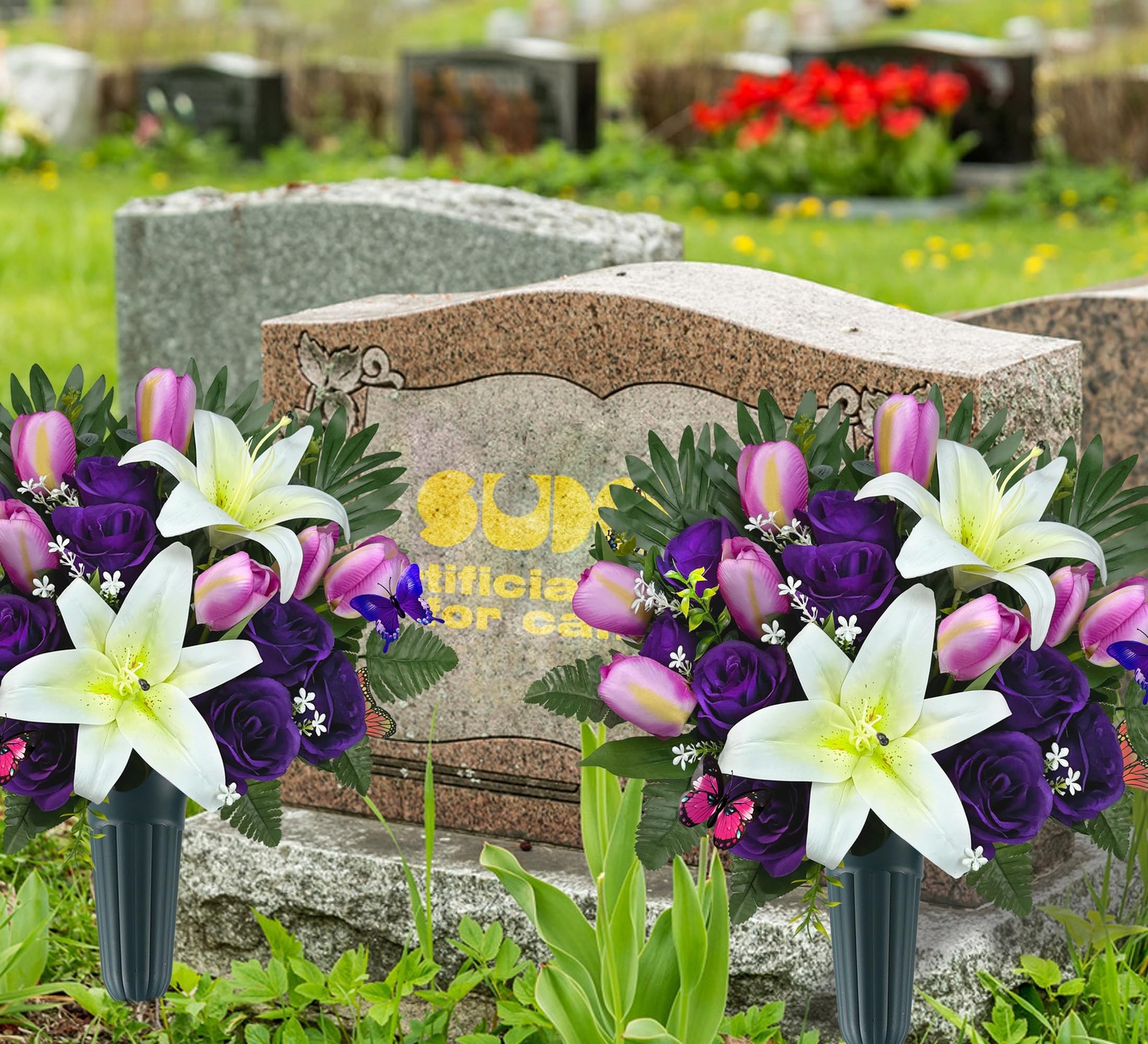 Cemetery Flowers with Vases for Grave Decor, Silk Lily Rose Tulip Headstone F…