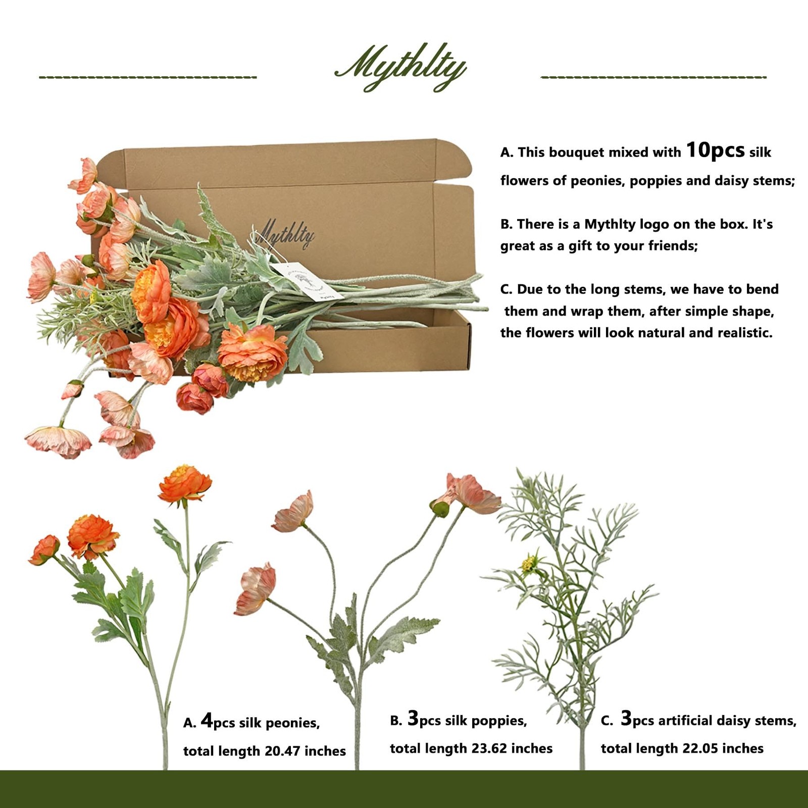 10pcs Orange and Gradient Pink Artificial Flowers for Vase, Fake Peonies Popp…
