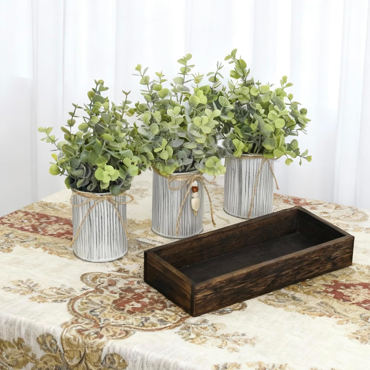 Rustic Farmhouse 3-Piece Artificial Eucalyptus Centerpiece – Wooden Tray with 3