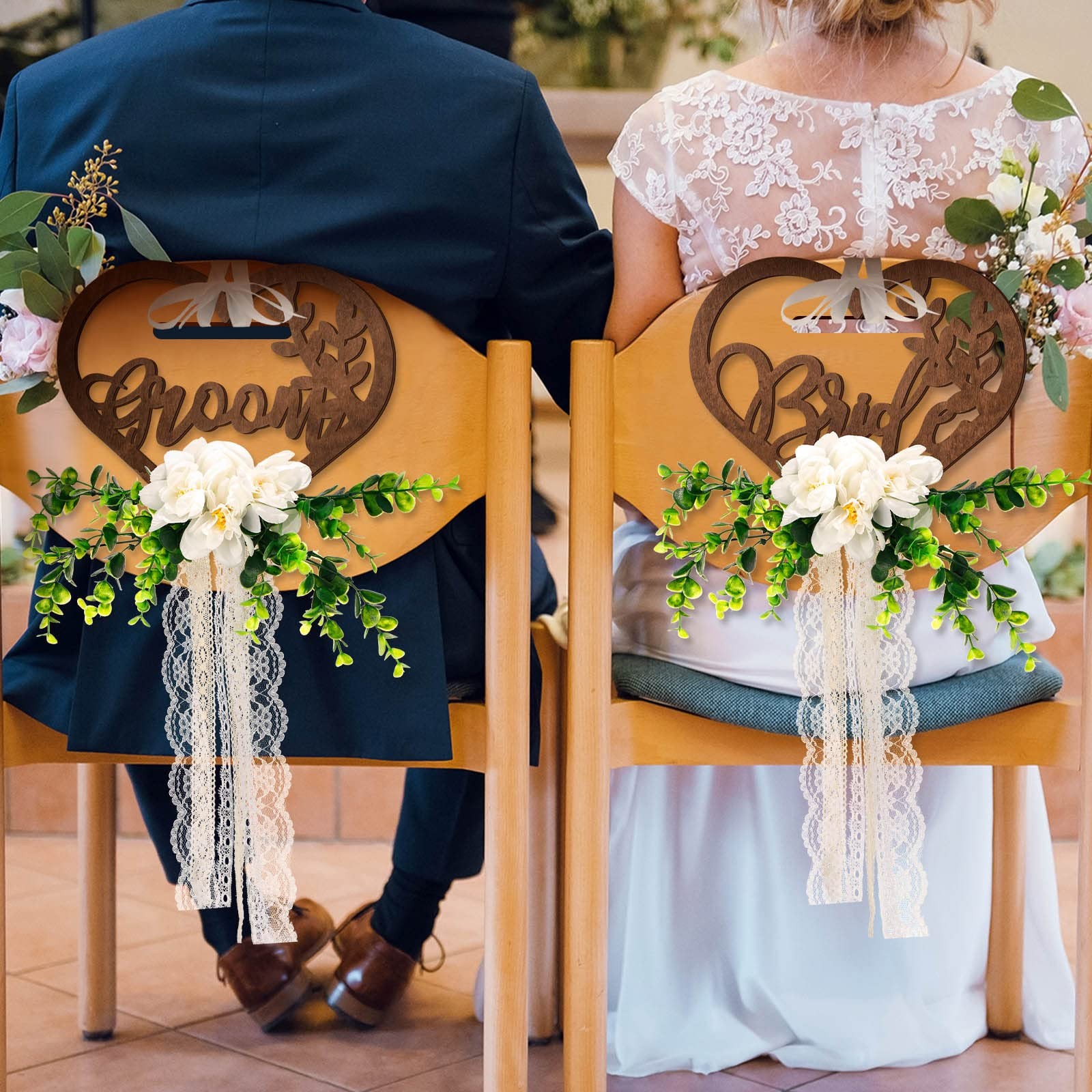 Bride and Groom Floral Chair Decorations Signs Wooden Rustic Mr Mrs Ribbons