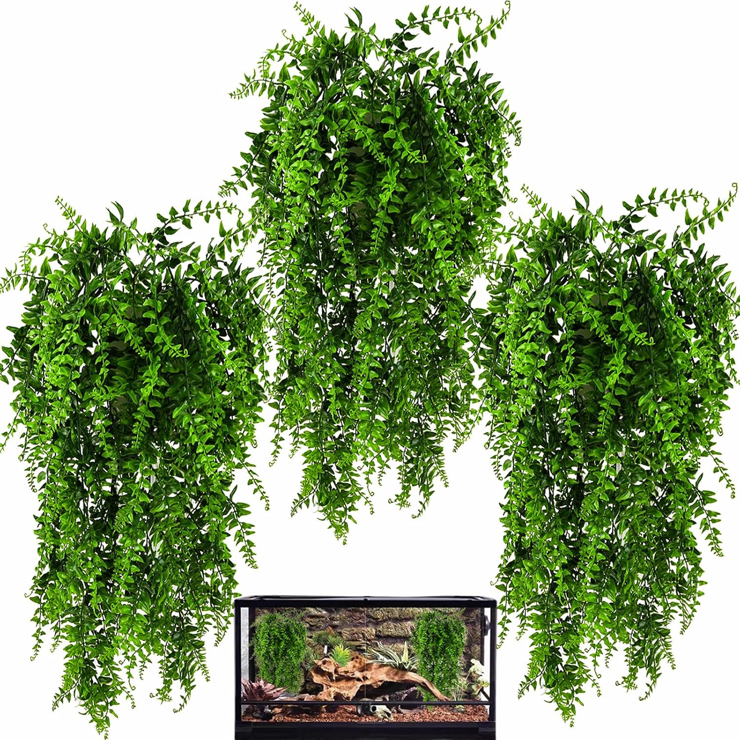 3 Pack Reptile Plants, Terrarium Hanging Plants Vines Artificial Leaves Habitat