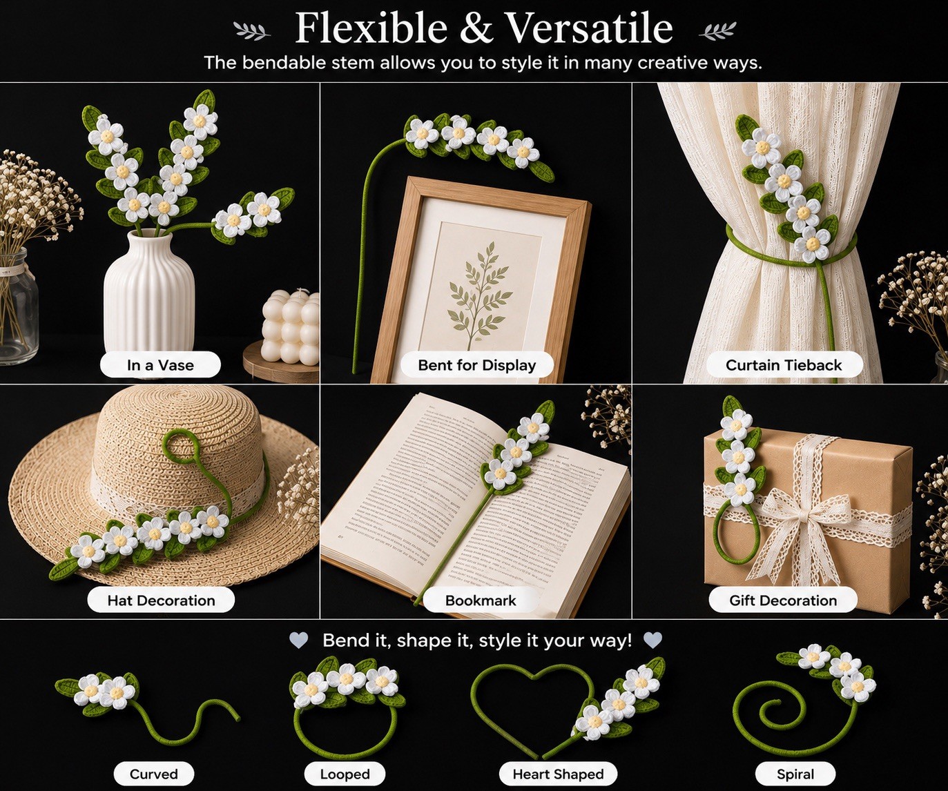 Handmade Crochet White Flower Stem Knitted Floral Decor Gift Home Decoration