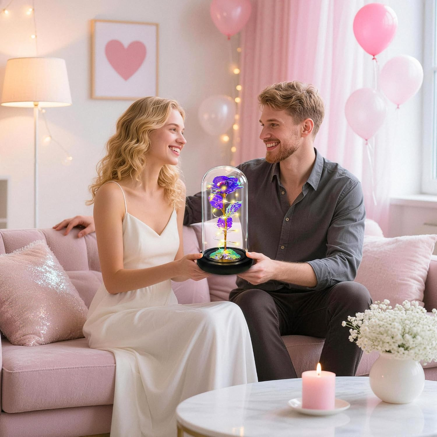 LED Purple Rose Glass Dome Gift for Her Birthday Anniversary Decor Light