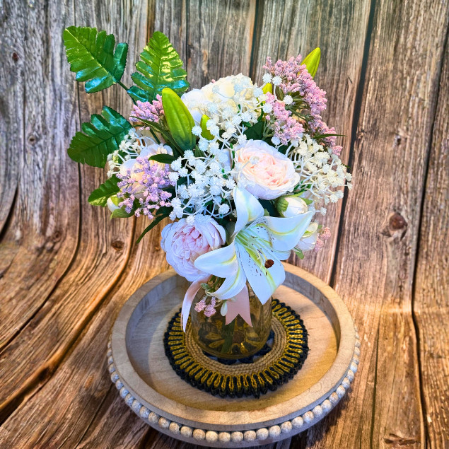 Peach Rose Peony Lily Floral Arrangement 32oz Mason Jar Home Decor Centerpiece