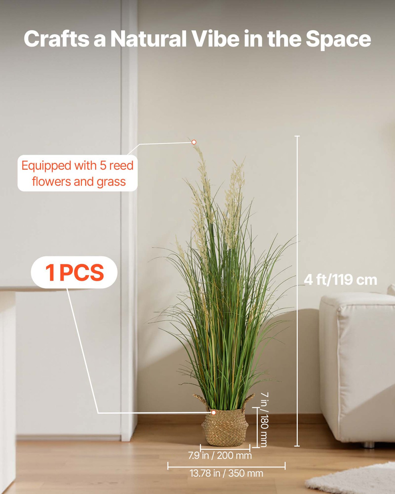 VEVOR Artificial Grass Plant 47 Inch Reed Flower Grass In Pot Green 1 Pack