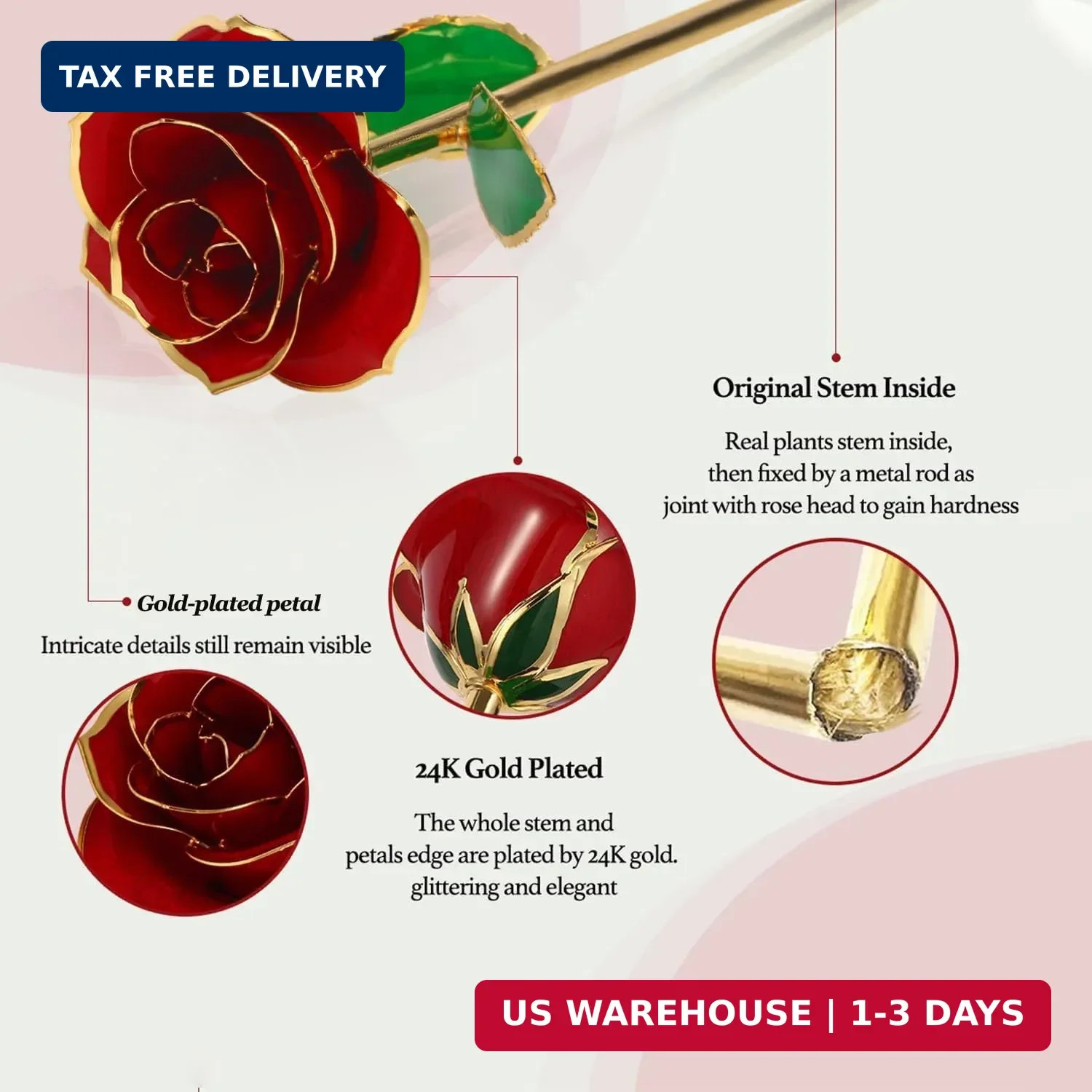 24K Plated Gold Dipped Real Rose with Stand – Forever Gift for Her