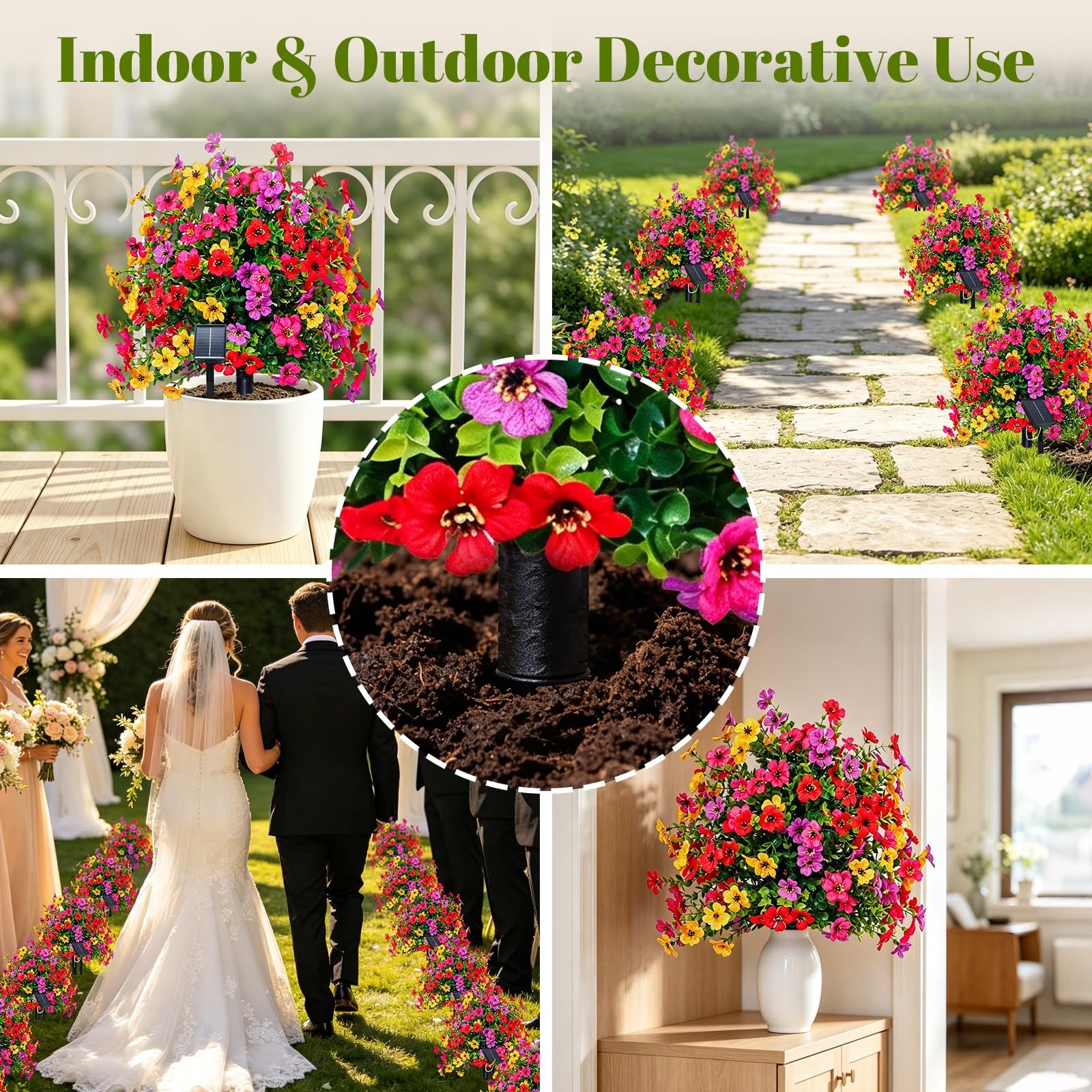Artificial Flowers for Outdoors with Solar Lights, 22″ Fake Flowers for Garde…