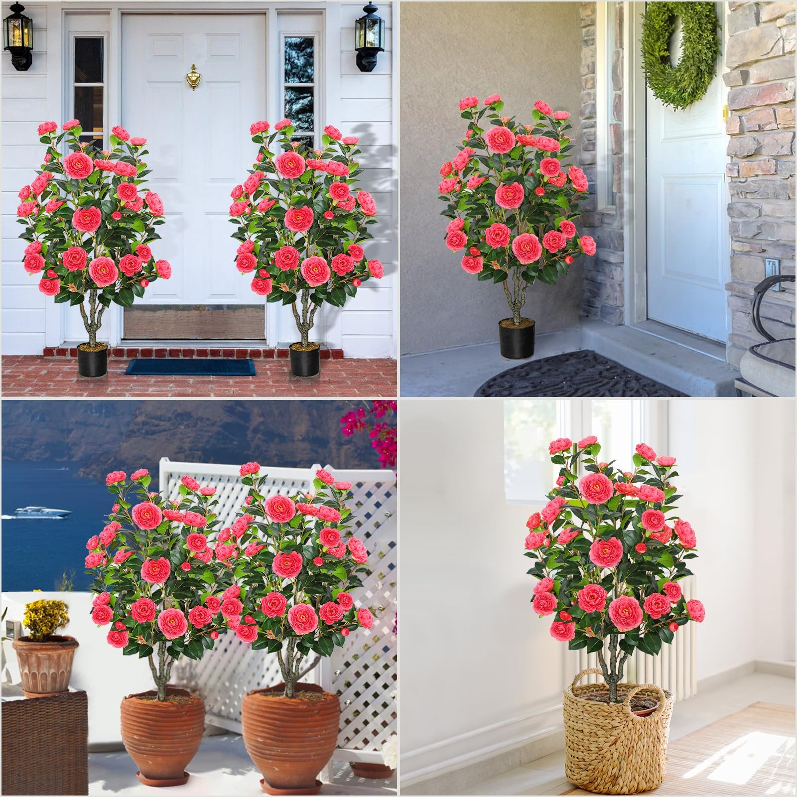 2 Pack 42″ Fake Tree Rose Pink Artificial Camellia Tree with 36 Blooming Flow…
