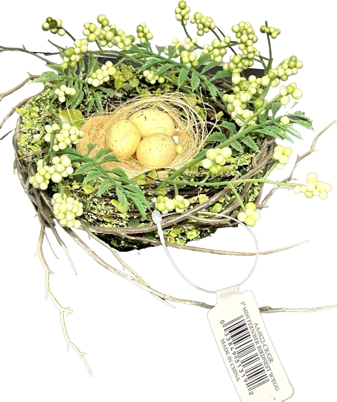 NWT ALLSTATE PLASTIC FLORAL BIRD NEST 3 YELLOW EGGS FERN & BERRIES DECOR 5 inch