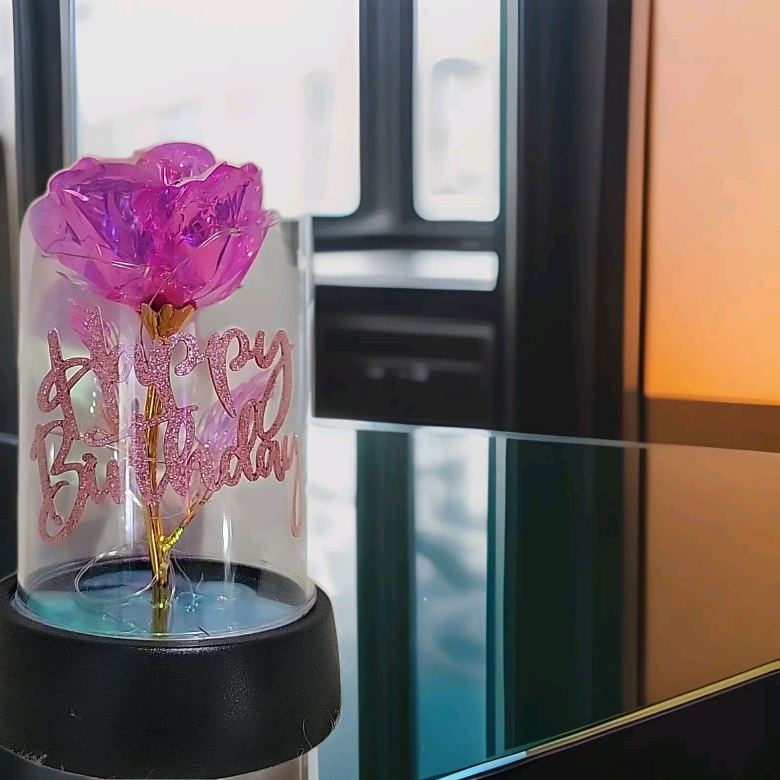 New With Box – Crystal Rose with LED Light In Dome Cover – Happy Birthday – Pink