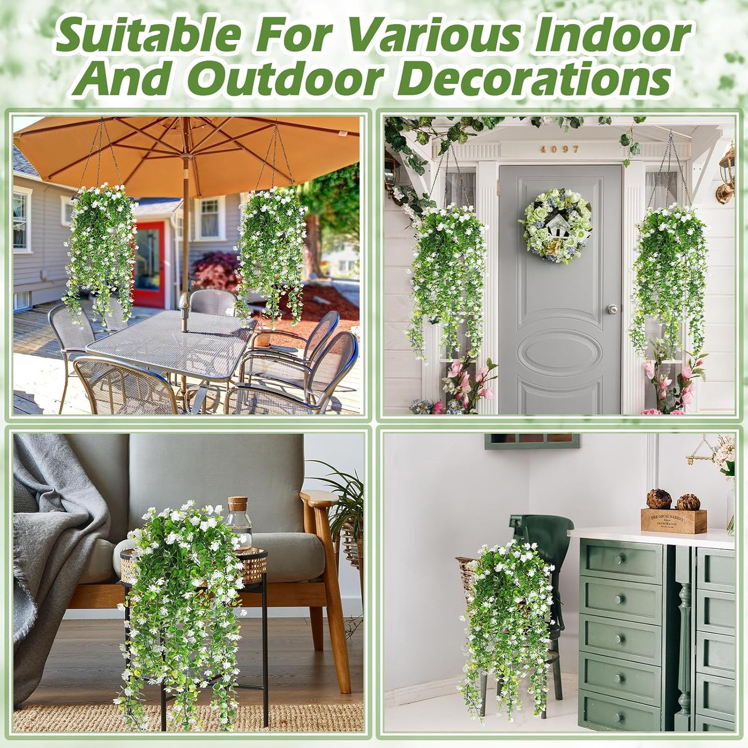 6 Pcs Faux Ferns Hanging Plants for Indoor Outdoor Decor – White Ivy Vines