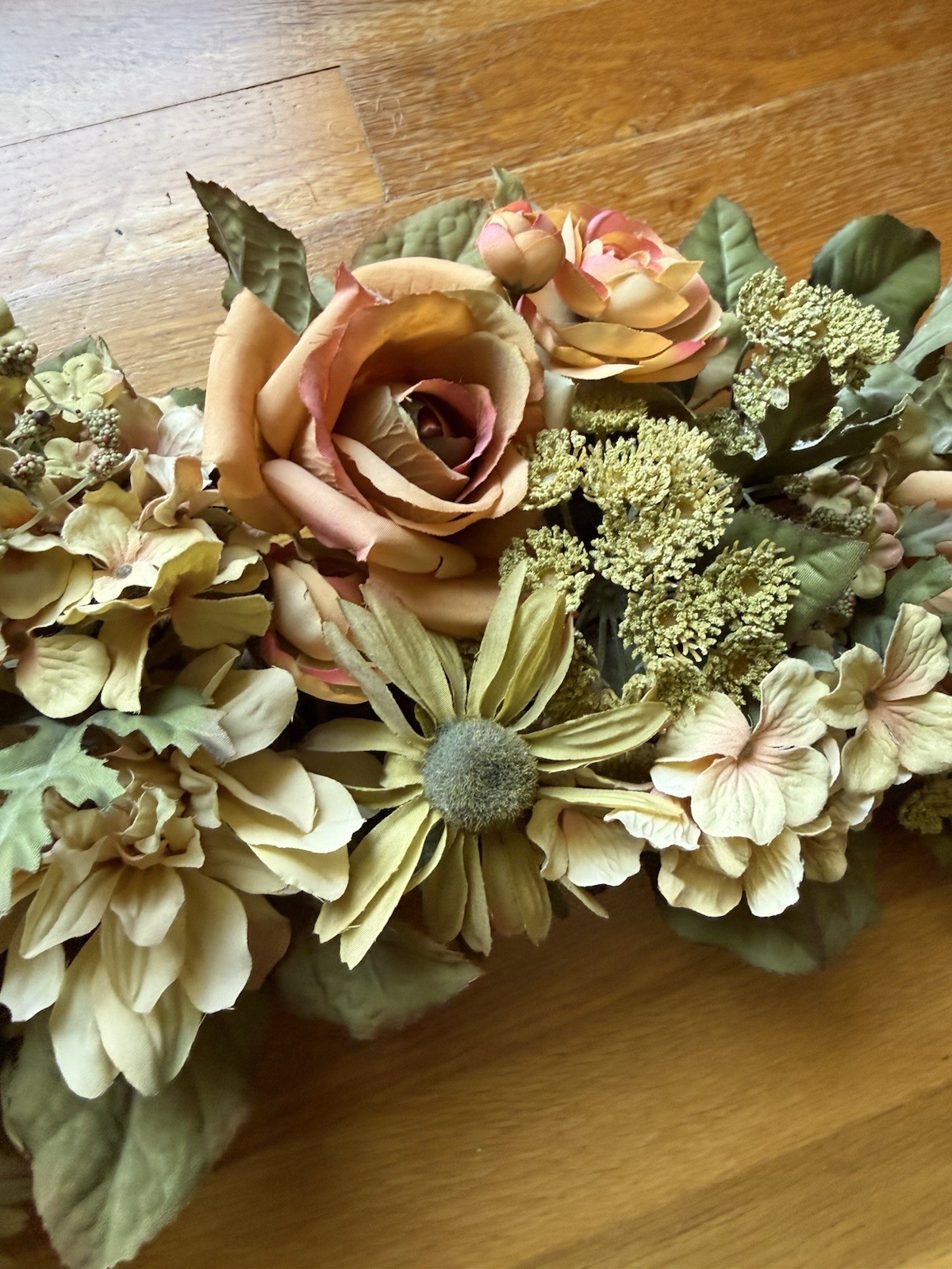 Faux Flower Garland Swag Roses & Dahlia Peach, Green, Cream Wedding Arch 38 x 10