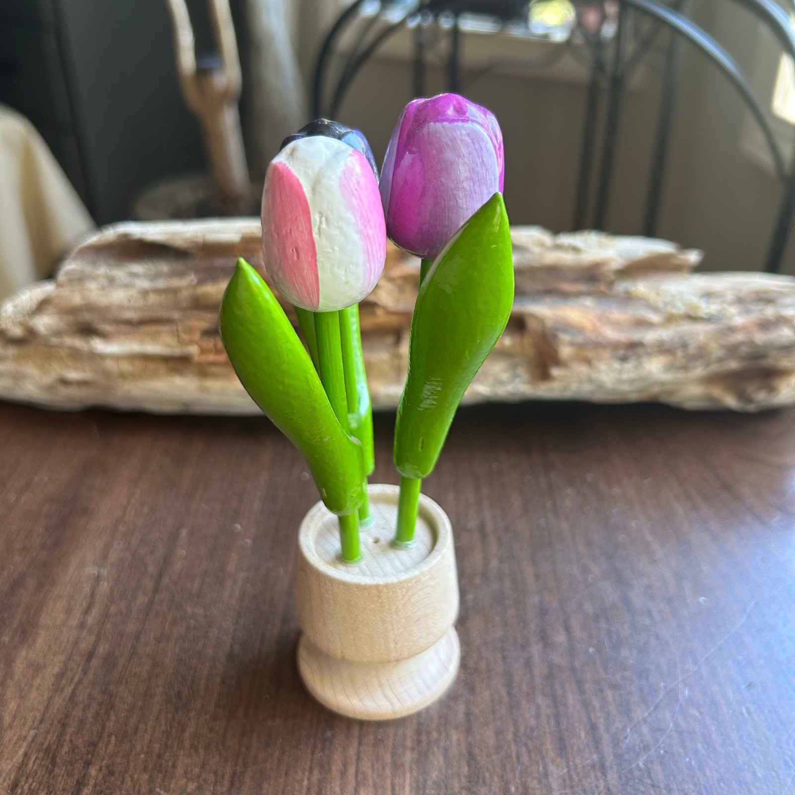 Vintage wood wooden hand carved tan painted tulip flowers