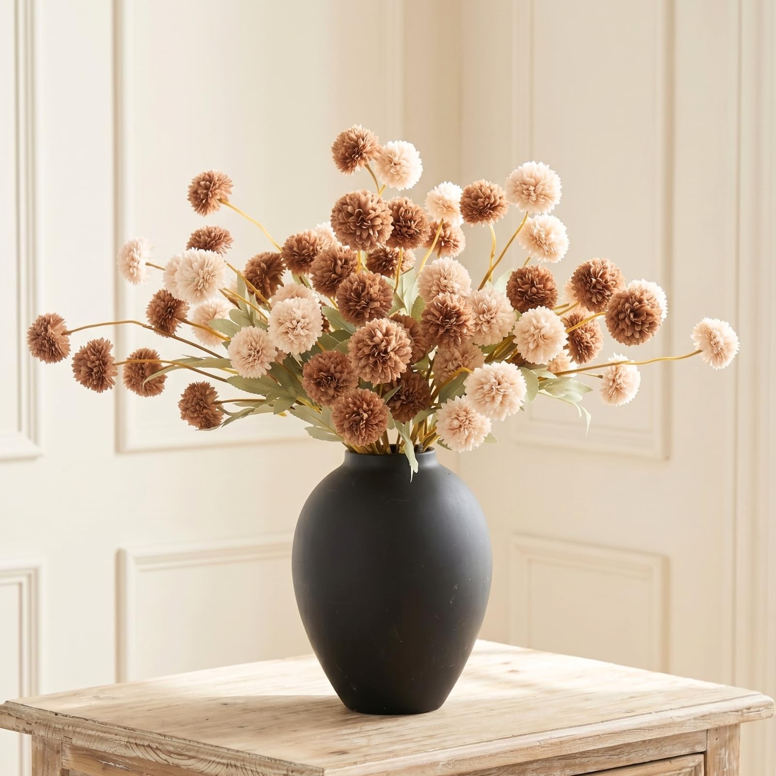 12 Stems Fake Mum Flowers with Black Vase for Home Decor