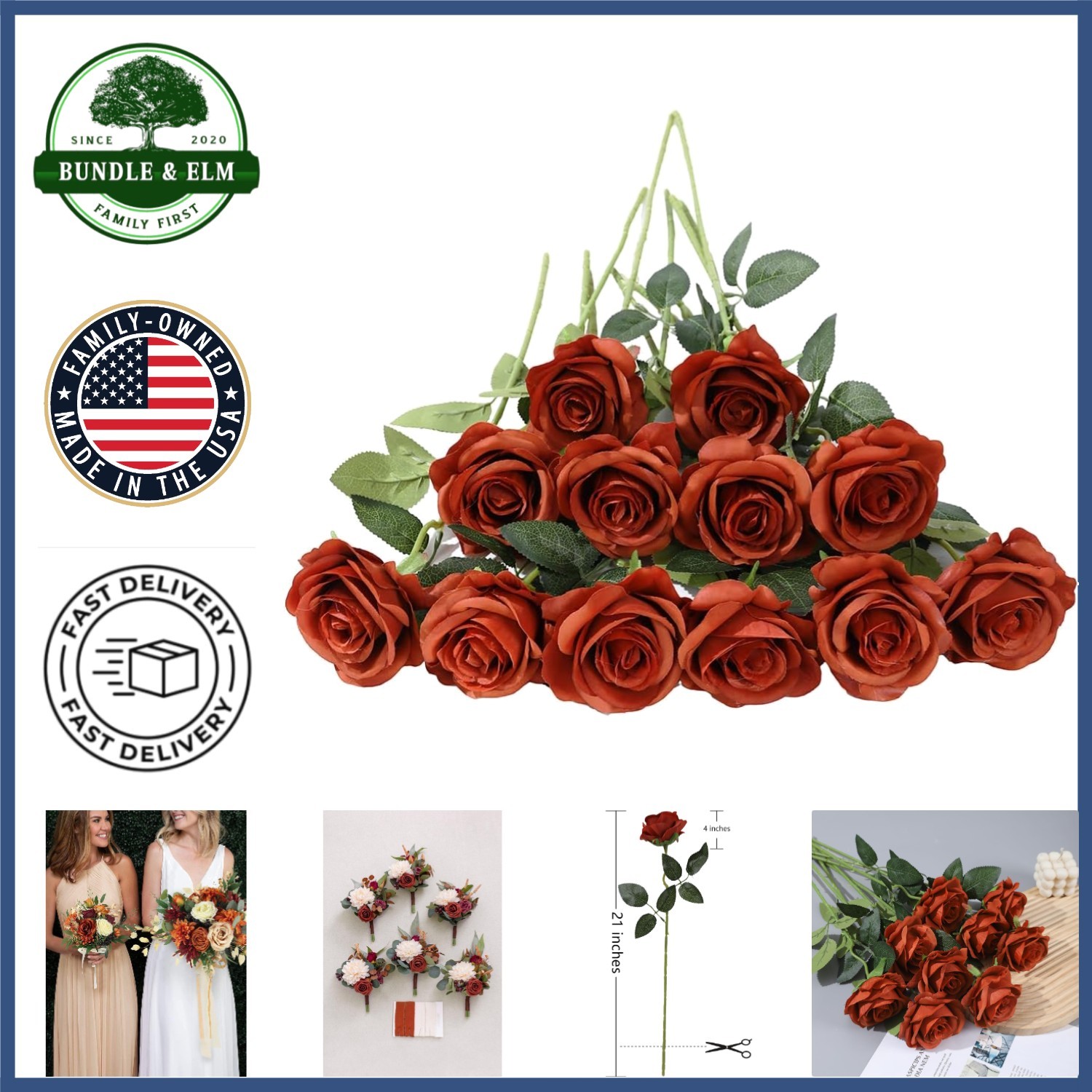 12 PCS Artificial Silk Roses for Home Wedding Decor, Brown and Orange Flowers
