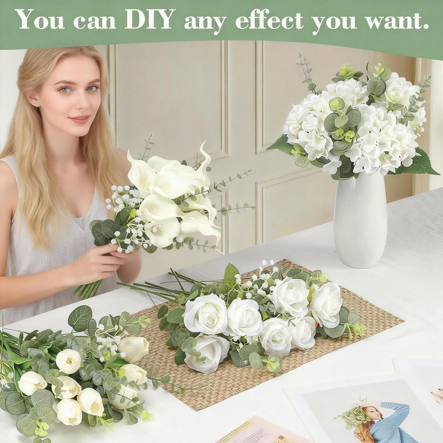 4 Kinds 55PCS Silk Hydrangea Artificial Flowers Eucalyptus Stems, Fake Flower Su