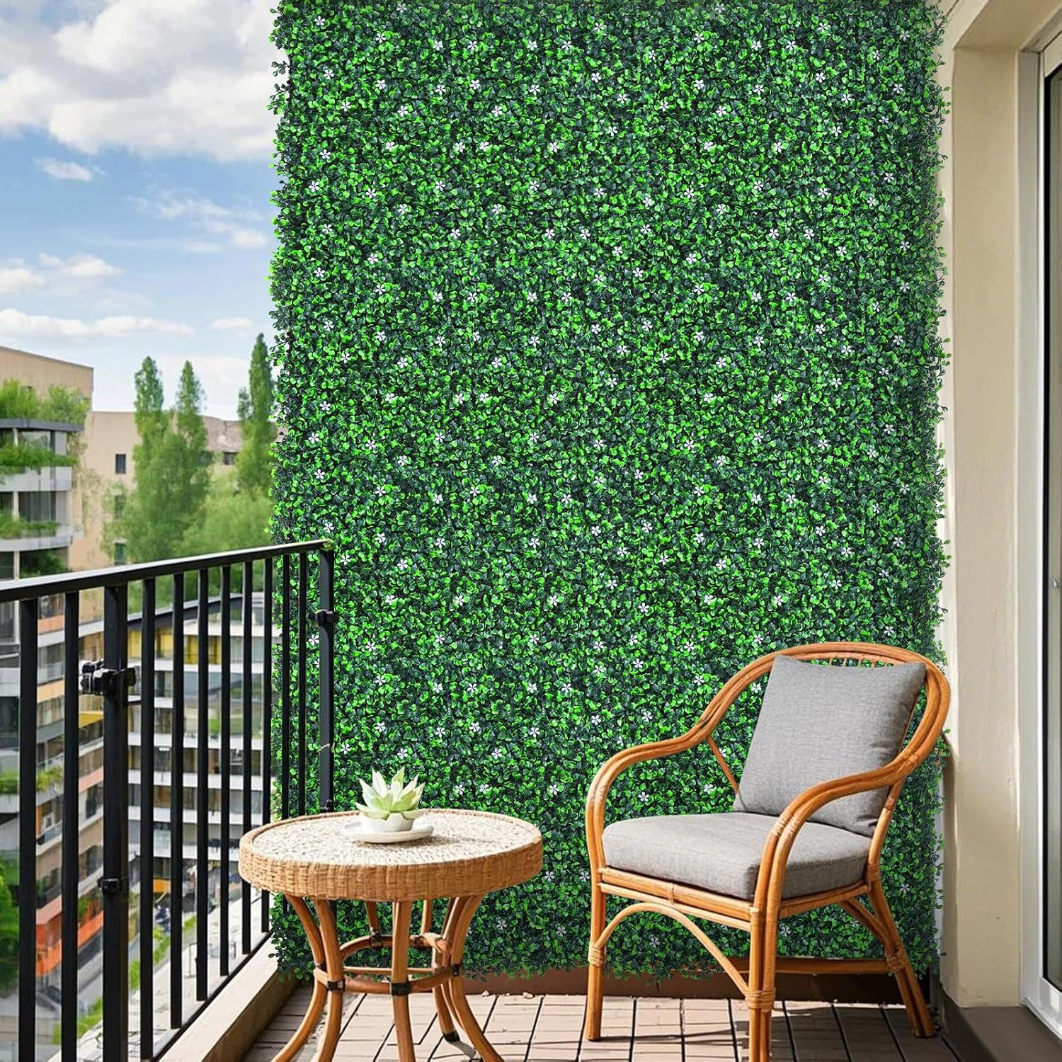 Artificial Boxwood Roll Panels with Flowers – UV-Resistant Privacy Fence Screen