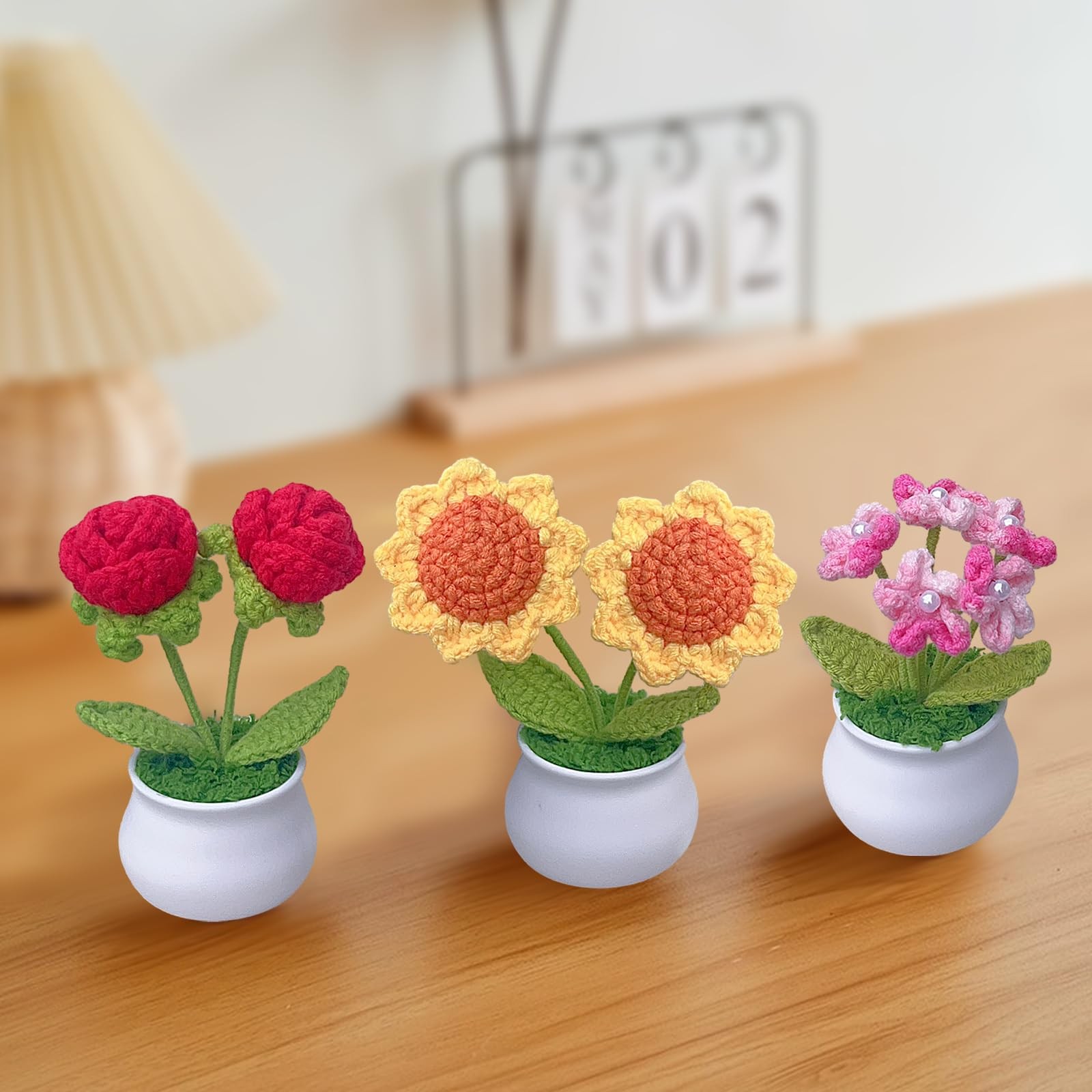 3 PCS Crochet Flower Pot Sunflower Red Rose Forget Me Not Small Potted Decor