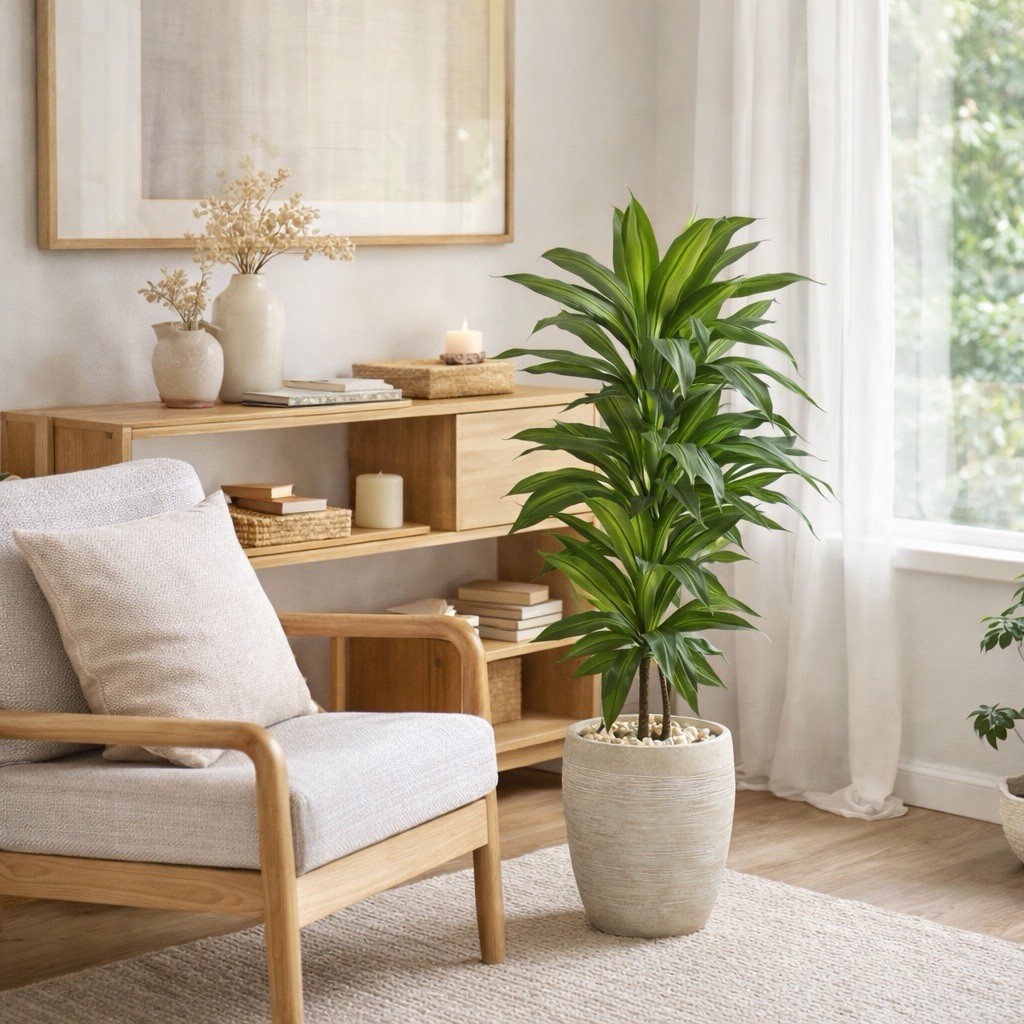4′ Artificial Dracaena Plant in Sand Colored Planter (Real Touch)