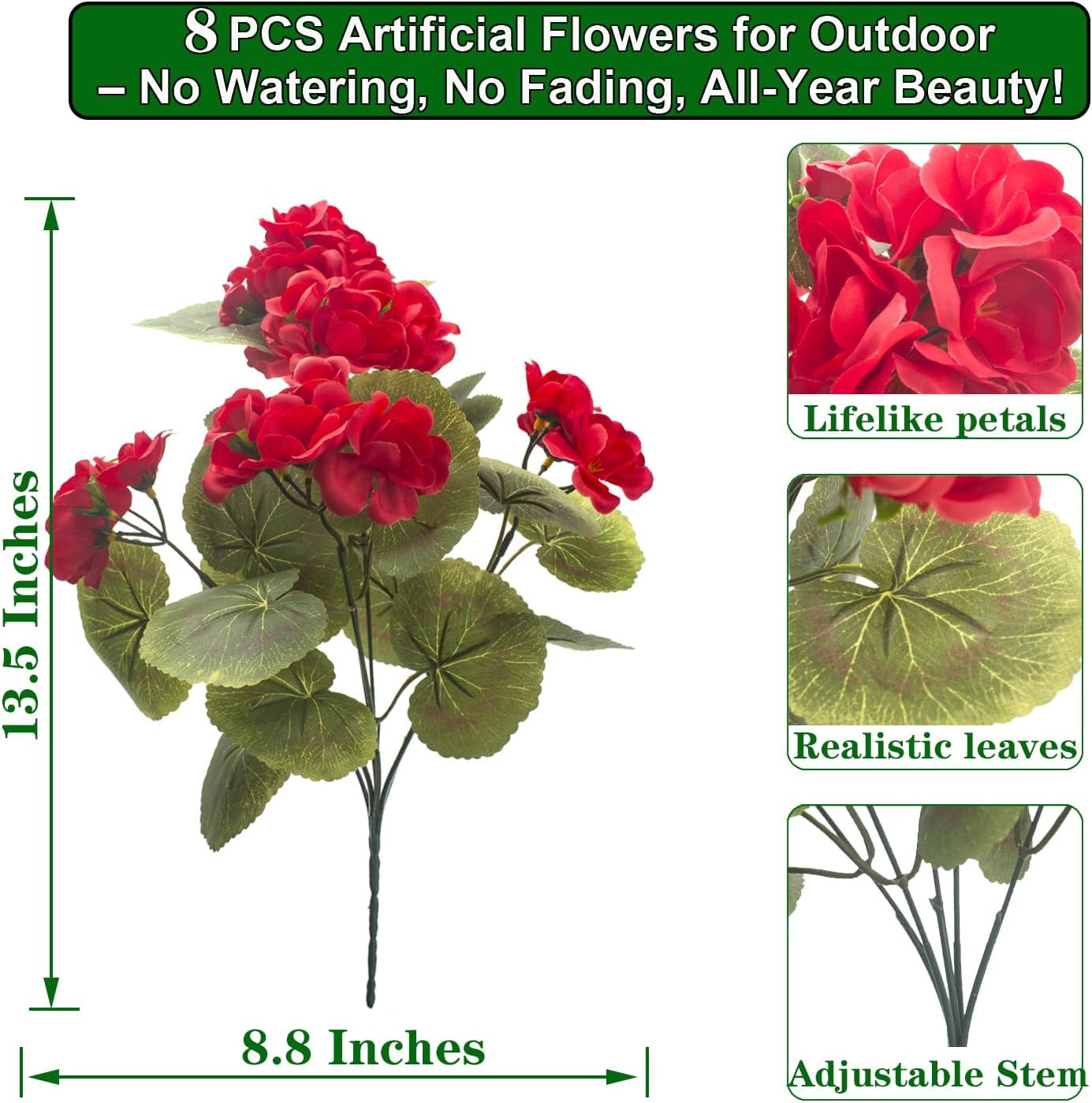 8 Bundles UV Resistant Red Geranium Flowers for Outdoor Decor – No Maintenance