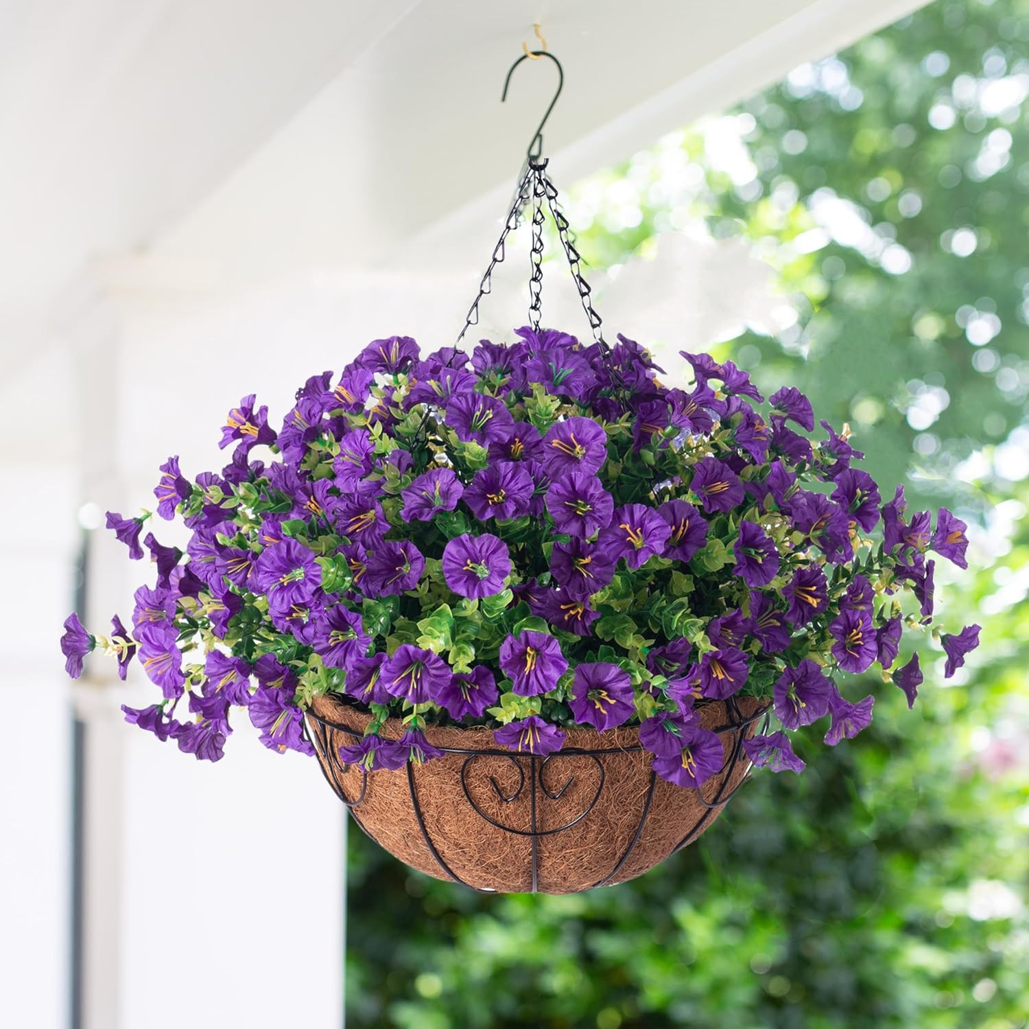 UV Resistant Faux Purple Morning Glory Basket for Outdoor Spring Decor