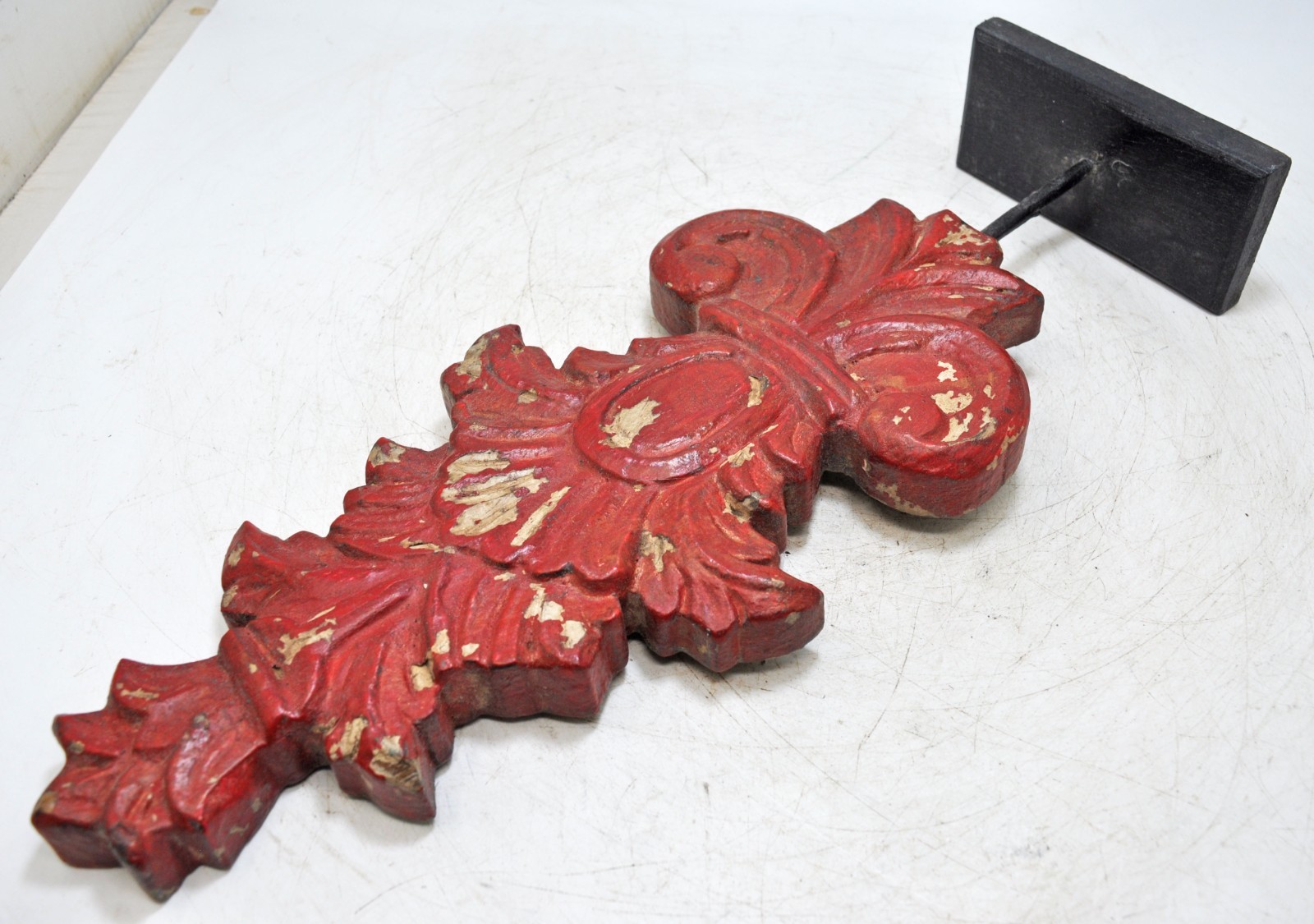 Hand Carved Wooden Flower Carving Panel Plaque on Stand Rustic Red Painted