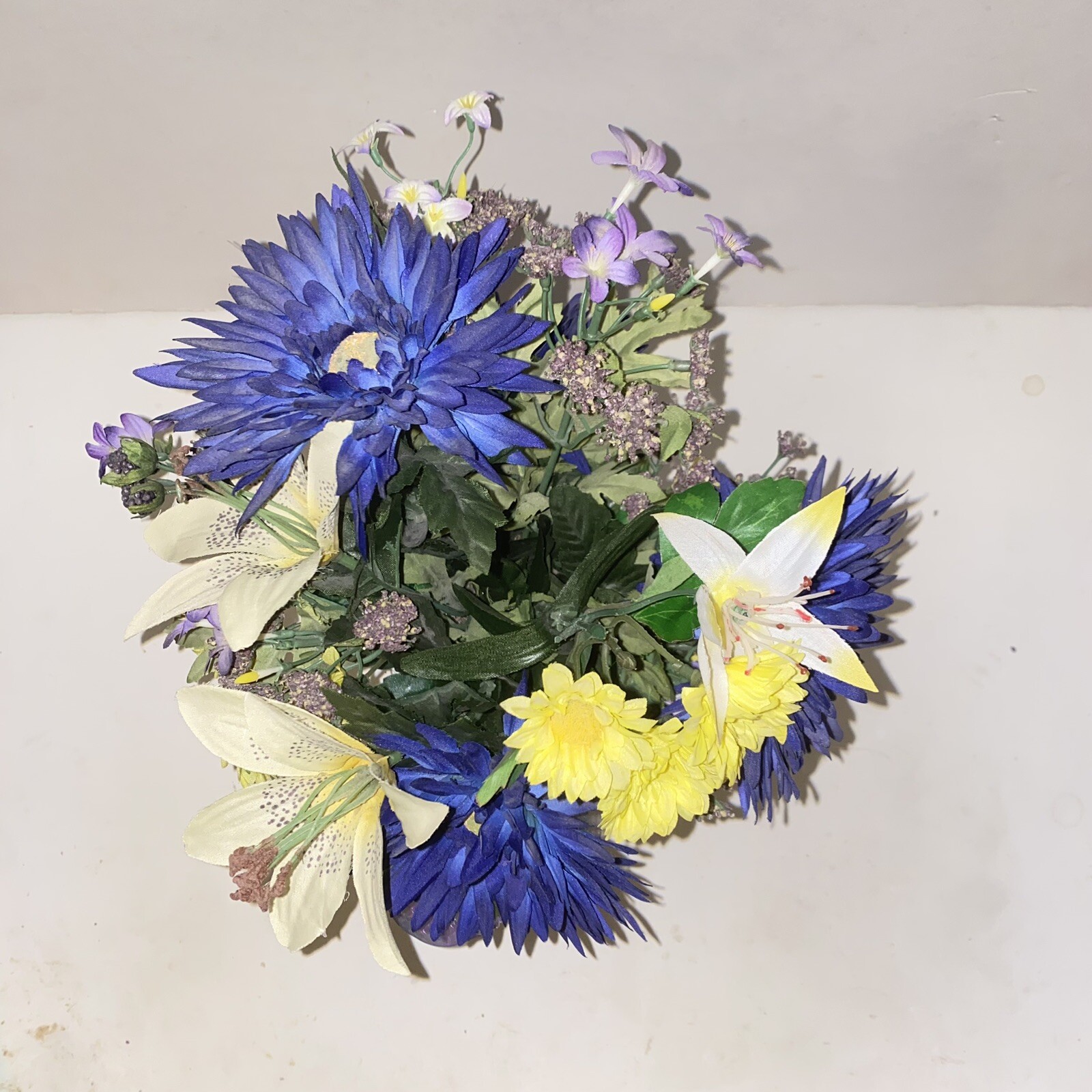 Blue Yellow & Purple Flower Arrangement in Rhinestone Jeweled Tin Planter