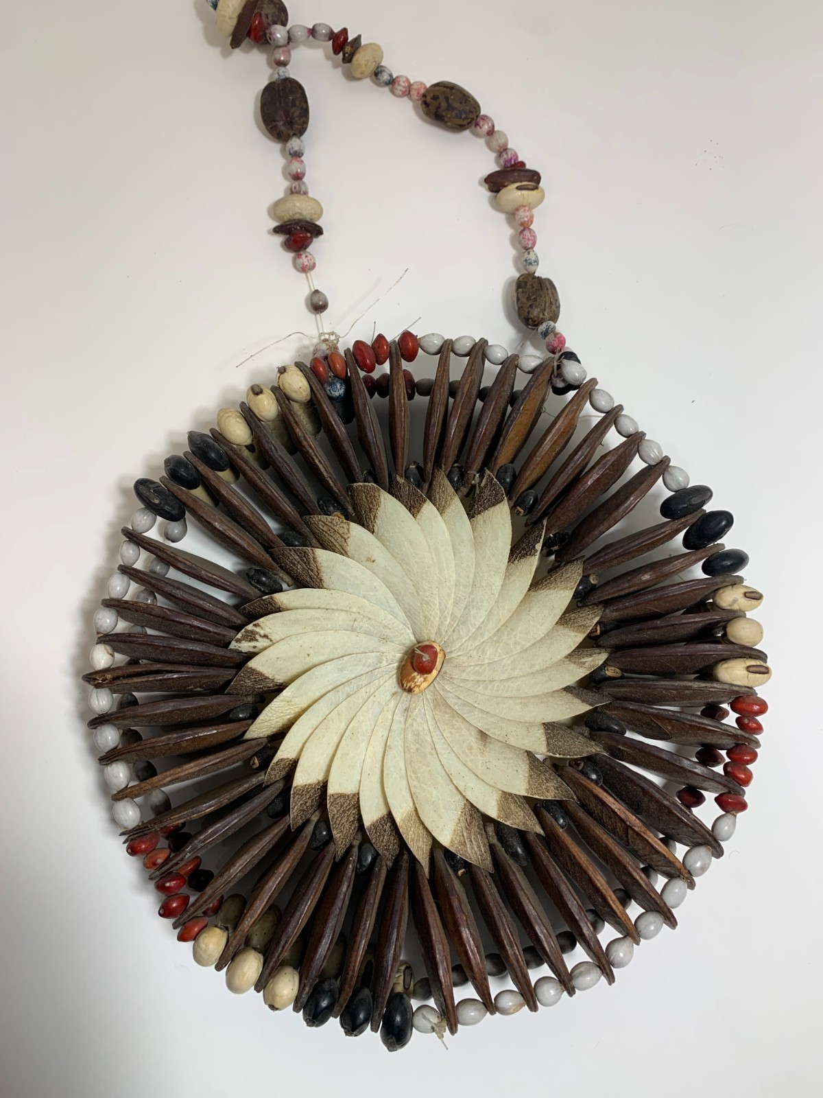 Vintage Ethnic Bean Pod Wall Wreath or Necklace Brown White Color Beans Decor