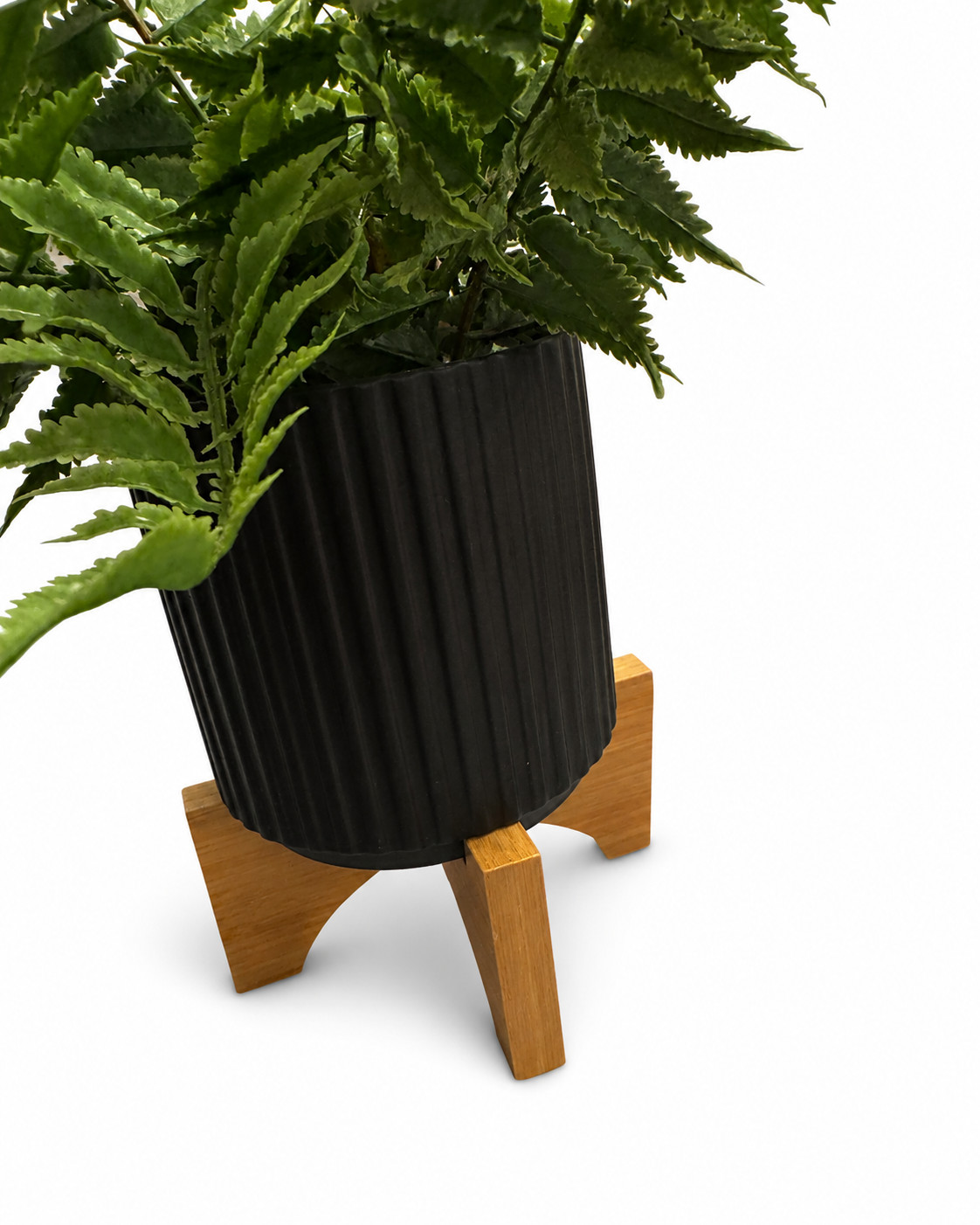 Faux Fern Plant in Black Ribbed Pot with Wooden Stand Artificial Greenery Decor