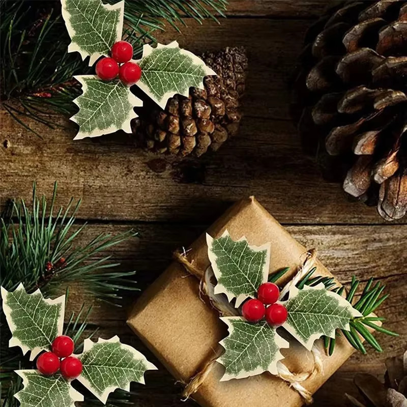10/50pcs Artificial Holly Berries With Green Leaves DIY Christmas New Year Decor