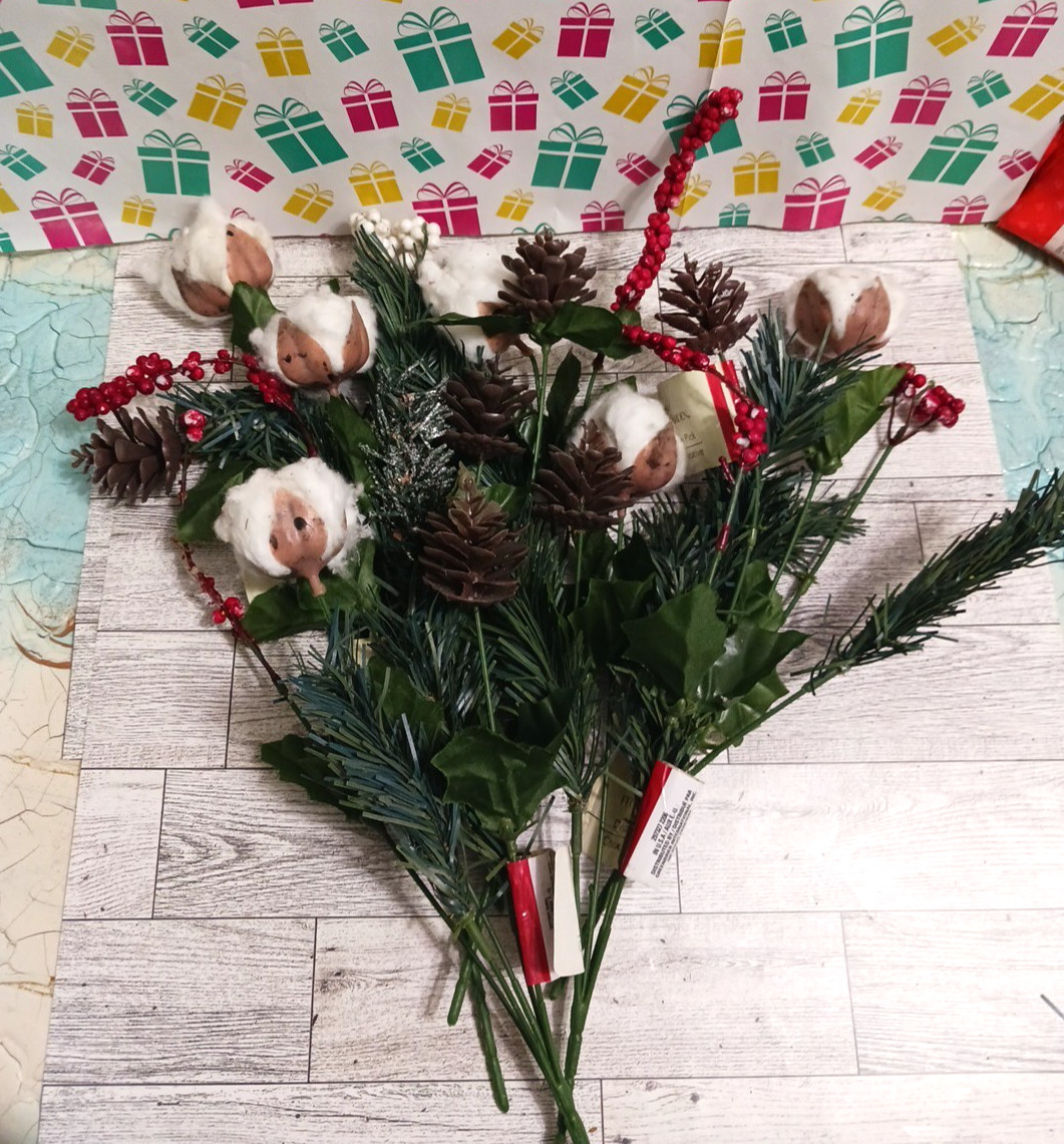 Cotton buds, pine cones, holly berry. Beautiful winter fall flower bouquets