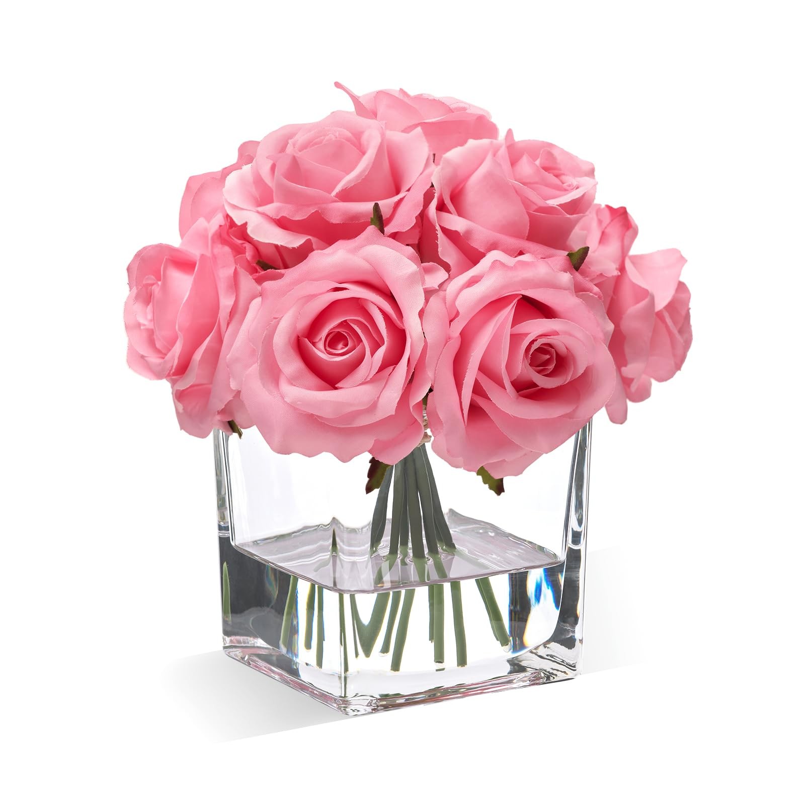 Pink Artificial Rose Flowers In Vase With Faux Water Silk Arrangement Decor