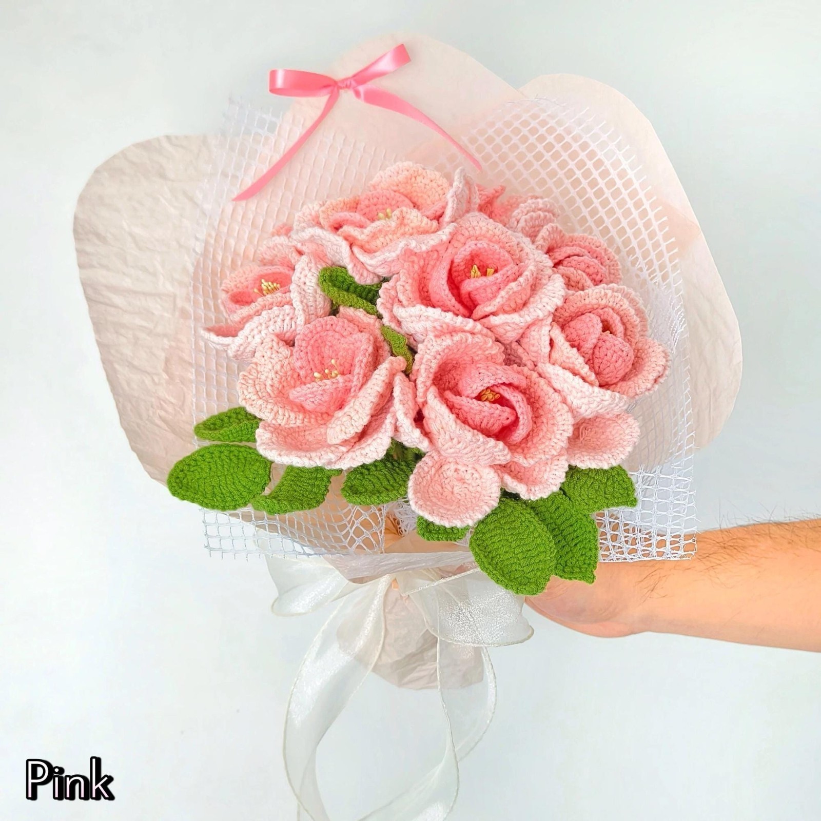 Pink Crochet Rose Bouquet Wedding Anniversary Gift for Her