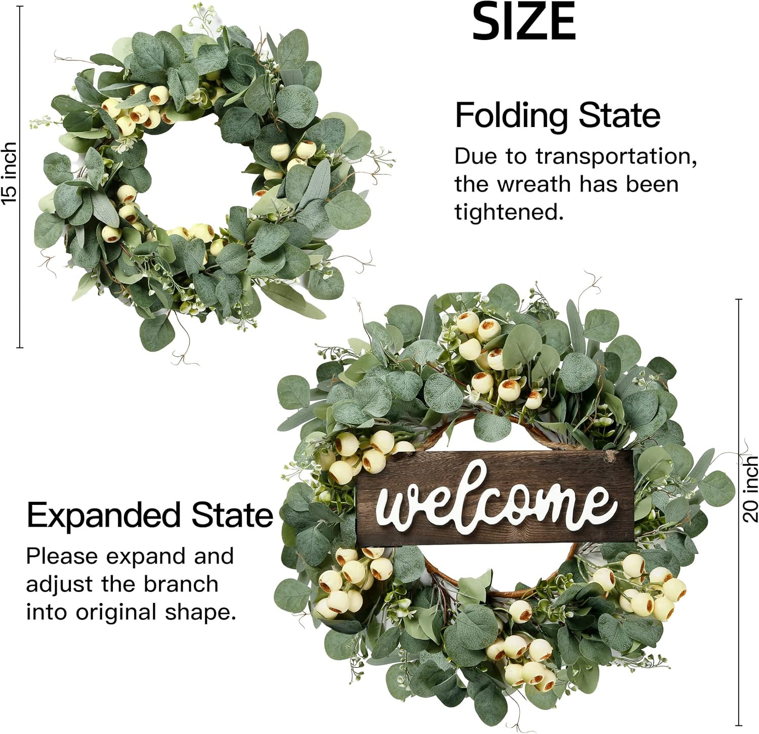 Green Artificial Eucalyptus Wreath with Welcome Sign 20In Spring Summer Wreath w