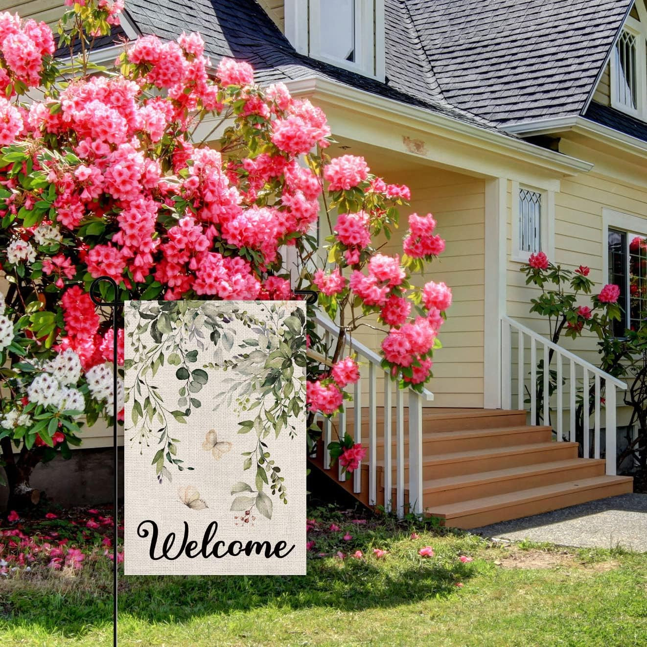 Welcome Green Plants Floral Butterfly Decoration Double Sided Burlap Garden Flag
